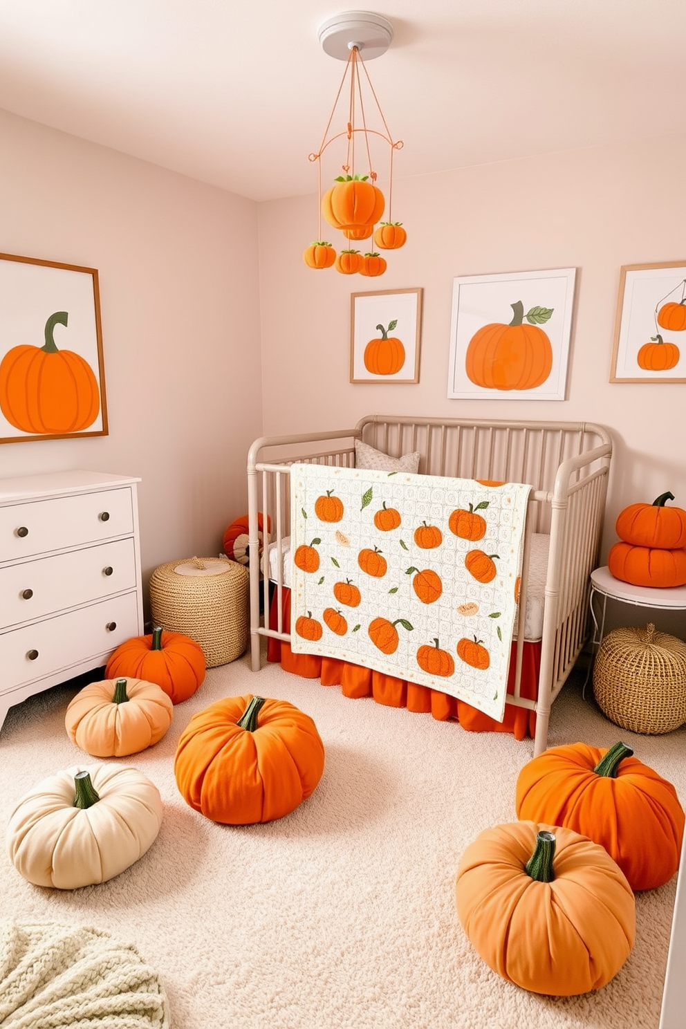 A cozy nursery filled with pumpkin themed decor accents. Soft orange and cream colors dominate the space, with plush pumpkin-shaped pillows scattered on a gentle beige rug. A whimsical mobile featuring miniature pumpkins hangs above a crib adorned with a pumpkin patch quilt. On the walls, playful pumpkin-themed artwork adds a cheerful touch, complementing the warm autumn atmosphere.