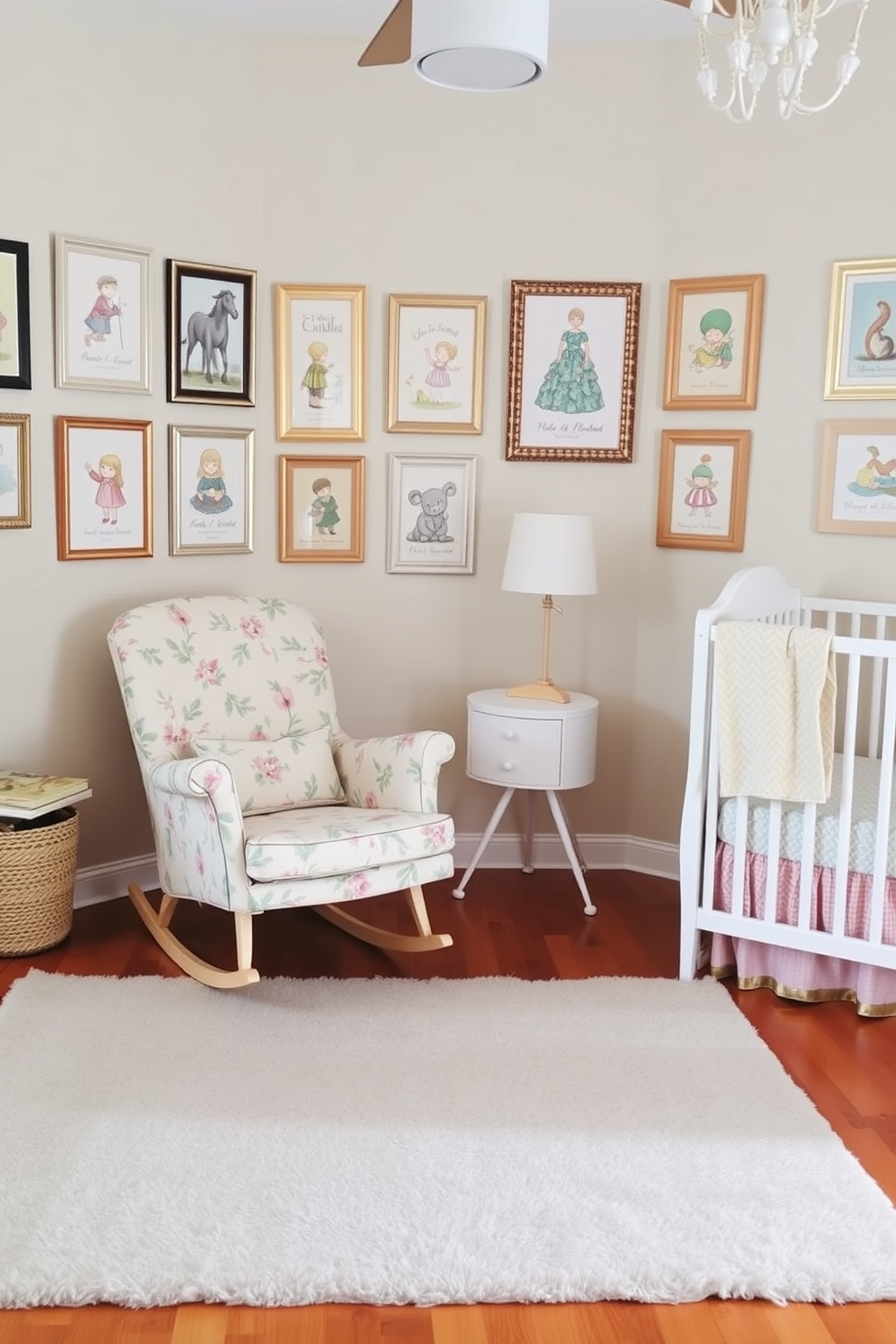 A cozy nursery space with vintage-inspired wall art pieces featuring soft pastel colors and whimsical designs. The walls are adorned with framed prints of classic children's book illustrations, creating a nostalgic atmosphere. The room includes a charming rocking chair upholstered in a floral fabric, positioned next to a white crib. A plush area rug in muted tones adds warmth to the hardwood floor, making it a perfect spot for playtime.