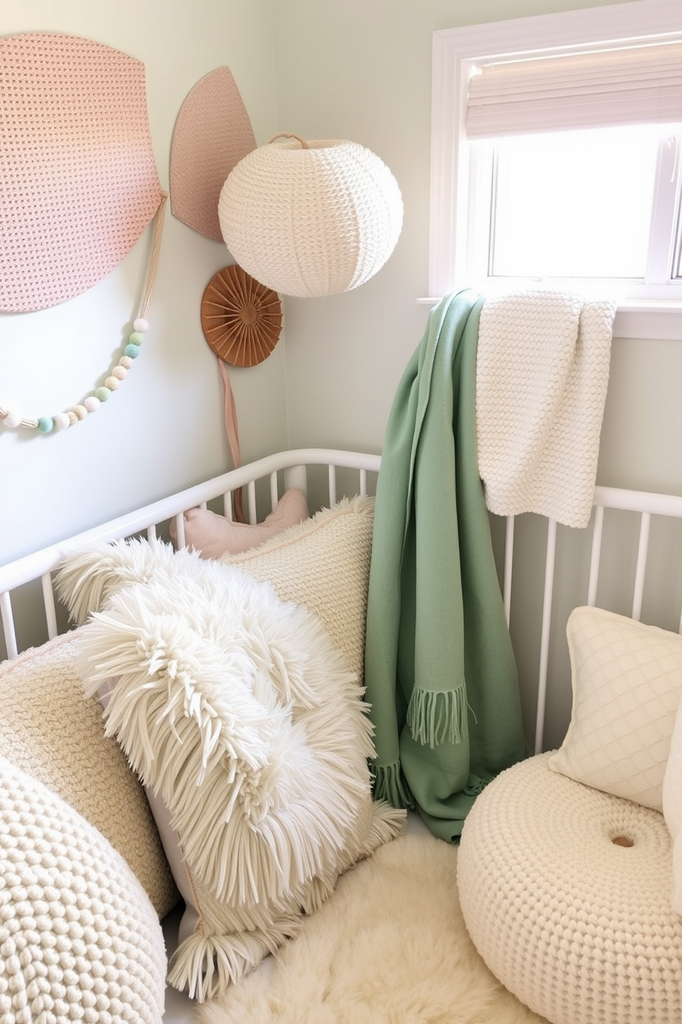 A cozy nursery adorned with layered textures featuring a variety of cushions and soft throws. The color palette includes pastel shades of mint green and soft yellow, creating a serene atmosphere for the baby.