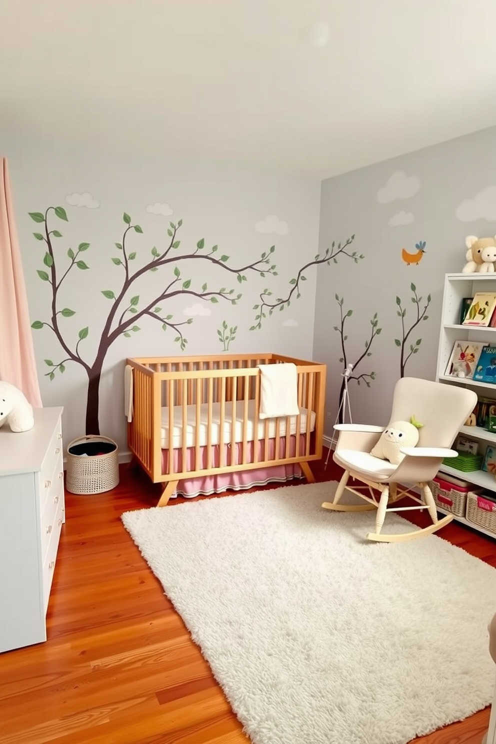 A cozy nursery adorned with nature-inspired wall decals featuring whimsical trees and playful animals. Soft pastel colors create a serene atmosphere, while a plush area rug adds warmth to the wooden floor. The crib is nestled against a wall decorated with leafy vines and gentle clouds, providing a calming backdrop for sleep. A rocking chair in the corner invites quiet moments, surrounded by shelves filled with children's books and plush toys.