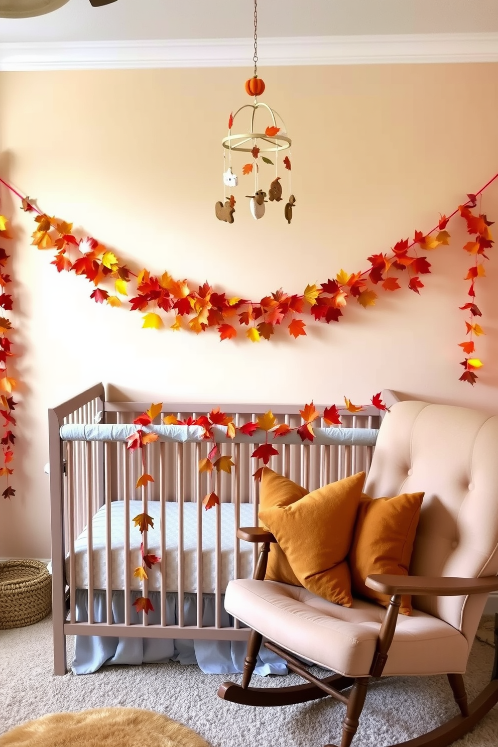 A warm and inviting nursery adorned with autumn leaf garlands drapes gracefully across the crib. The walls are painted in soft pastel hues, complementing the vibrant colors of the leaves and creating a cozy atmosphere. Plush cushions in earthy tones are scattered on a comfortable rocking chair, inviting parents to relax. A whimsical mobile featuring autumn themes hangs above the crib, adding a playful element to the serene space.