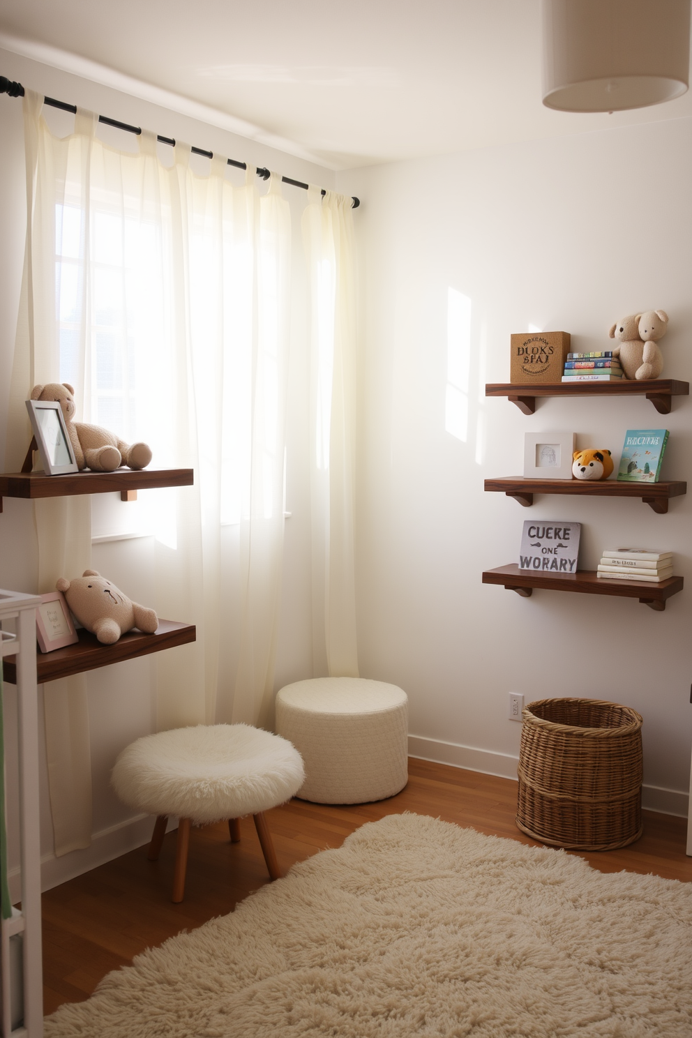 A cozy nursery featuring rustic wooden shelves adorned with soft toys and books. The walls are painted in a gentle pastel color, creating a warm and inviting atmosphere for a newborn. Natural light filters through sheer curtains, illuminating the shelves and highlighting the wooden textures. A plush area rug is placed on the floor, adding comfort and warmth to the space.