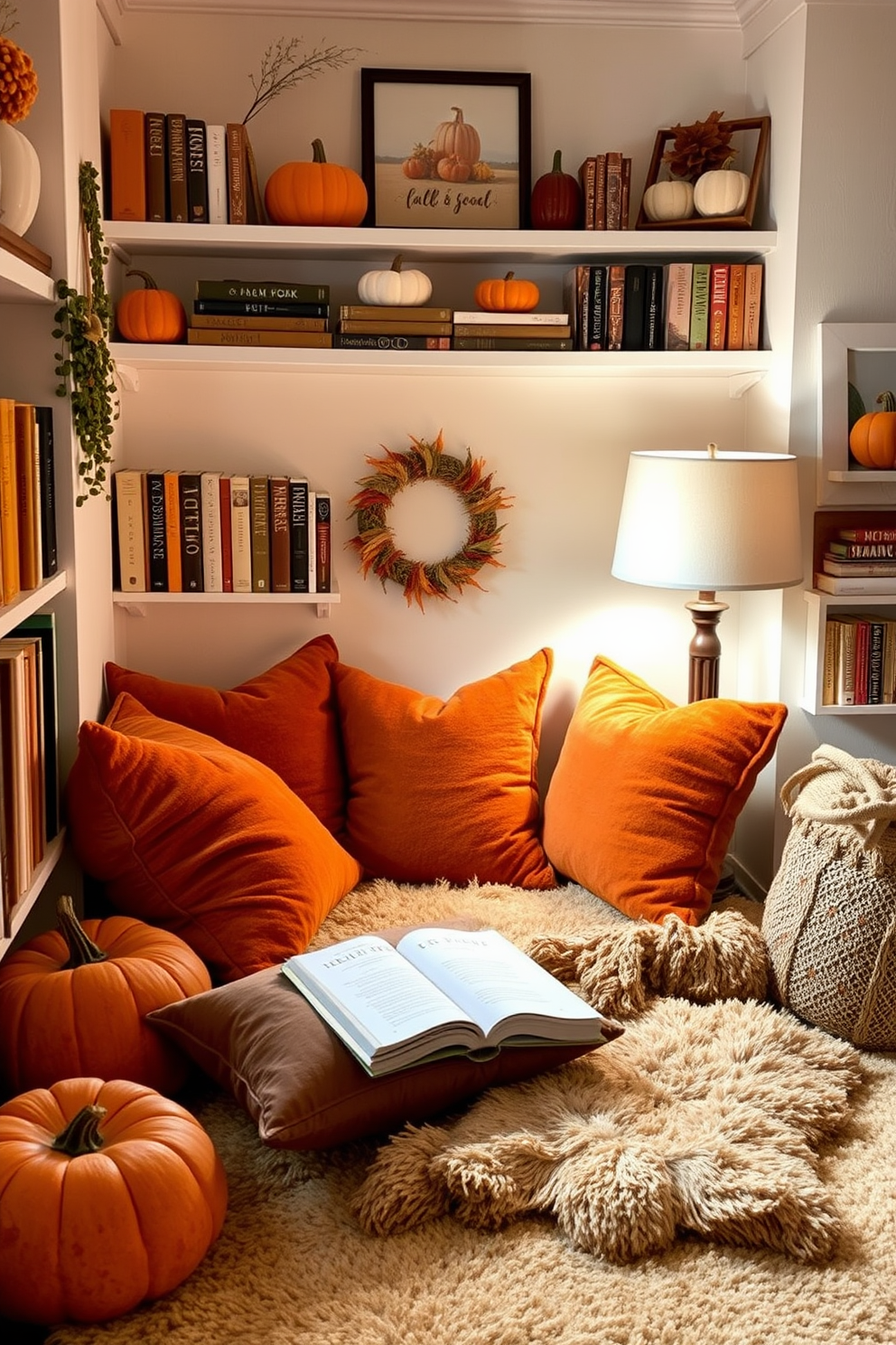 A cozy reading nook adorned with pumpkin spice colors. Plush cushions in warm orange and deep brown are scattered on a soft area rug, inviting you to curl up with a good book. Surrounding the nook are shelves filled with autumn-themed books and decorative pumpkins. Soft lighting from a nearby lamp creates a warm and inviting atmosphere, perfect for enjoying the fall season.