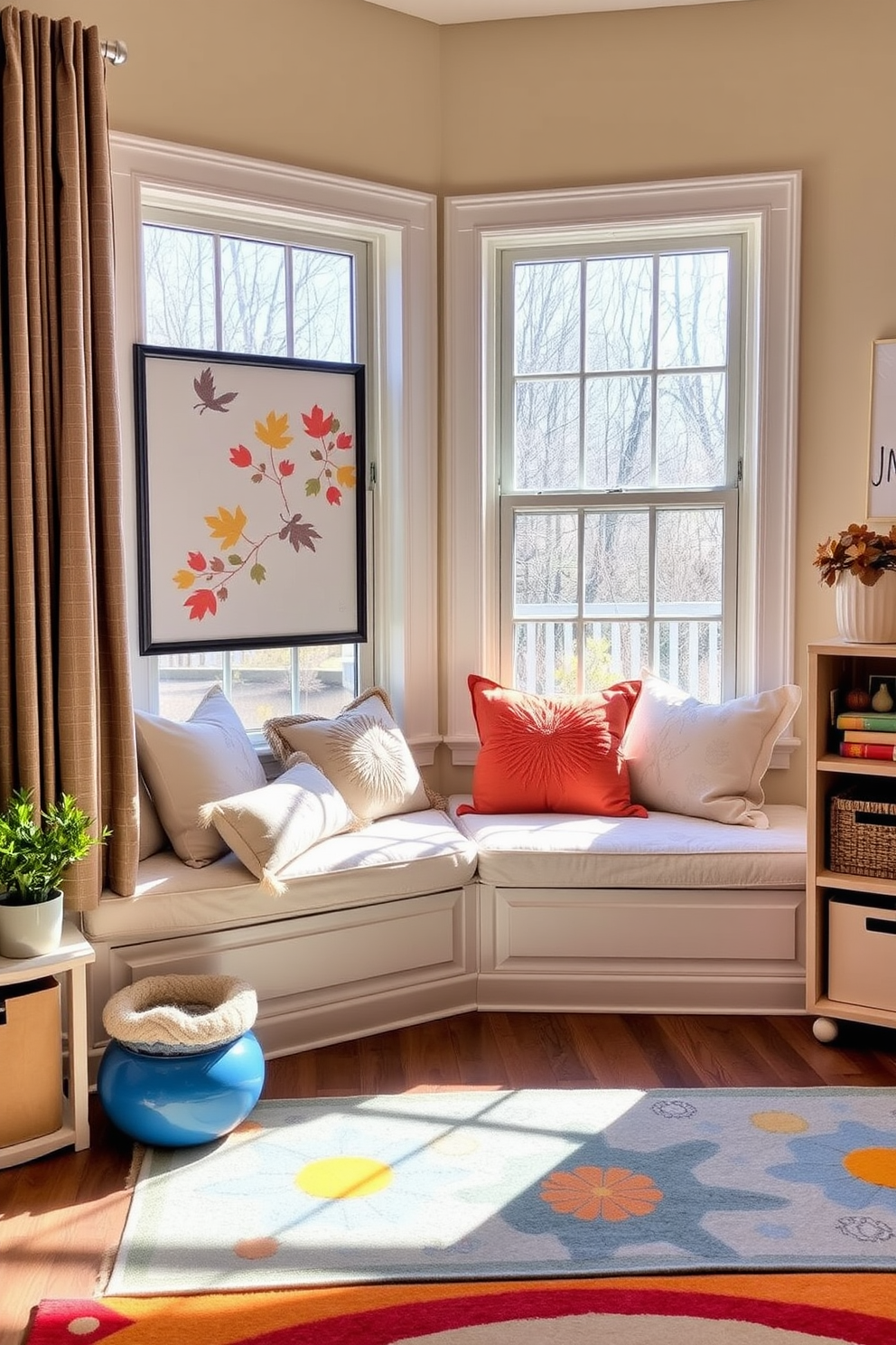 A cozy cushioned window seat adorned with seasonal pillows in warm autumn hues. The playroom features playful decor elements like whimsical wall art and vibrant rugs that invite creativity and comfort.