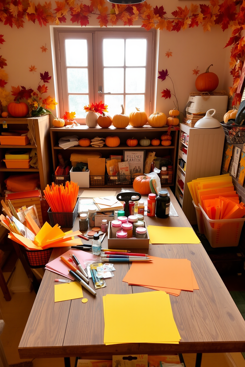 A cozy playroom filled with vibrant autumn colors. Wooden crates are stacked in various arrangements, serving as both storage and display for toys and books. Soft, plush rugs in warm hues cover the floor, inviting children to sit and play. Wall decals of falling leaves and pumpkins add a seasonal touch to the cheerful atmosphere.