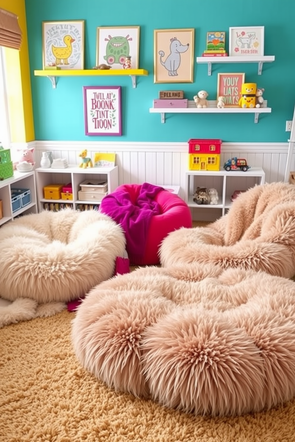 A cozy playroom filled with warmth and charm. Shelves lined with seasonal books in rich autumn colors invite children to explore and read. Soft, plush seating areas are arranged around a central play mat. Decor accents feature pumpkins and leaves, creating a festive atmosphere perfect for fall activities.