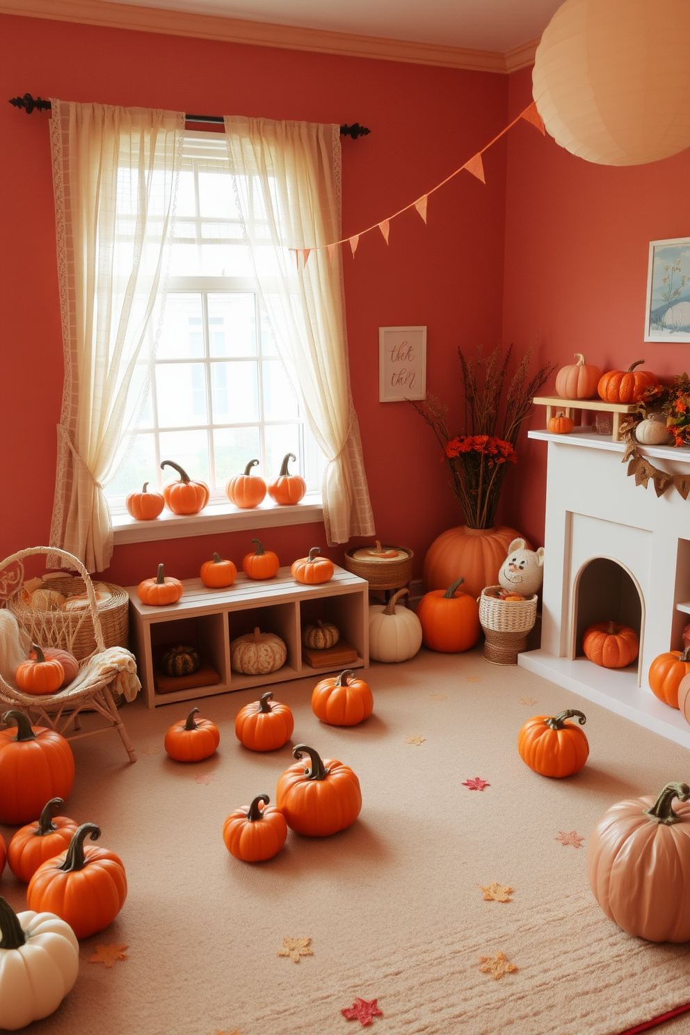 Colorful throw pillows with fall motifs are scattered across a cozy playroom sofa. The pillows feature vibrant shades of orange, yellow, and red, bringing warmth and seasonal charm to the space. The playroom is adorned with playful wall decals of autumn leaves and pumpkins. A soft area rug in earthy tones anchors the room, creating a comfortable spot for children to play and relax.