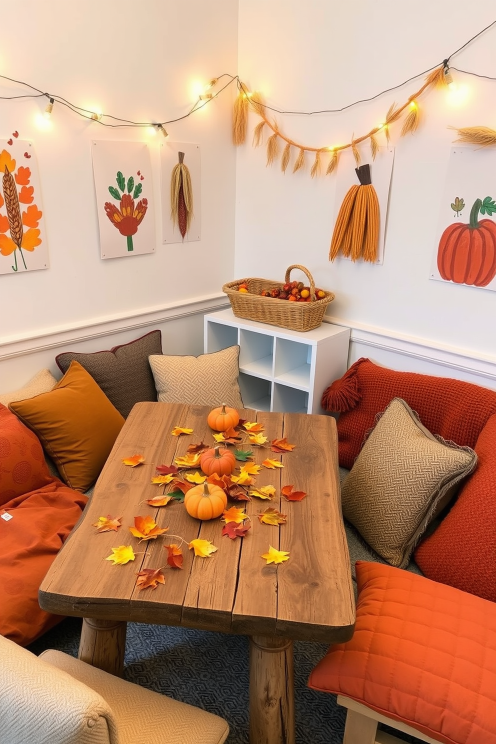 A harvest-themed table is set up for arts and crafts with a rustic wooden surface adorned with colorful autumn leaves and small pumpkins. The space is filled with cozy blankets and cushions in warm tones, creating an inviting atmosphere for creative activities. The walls are decorated with hand-painted fall-themed artwork and garlands made from dried corn and wheat. Soft lighting from string lights casts a warm glow, enhancing the playful and festive ambiance of the playroom.