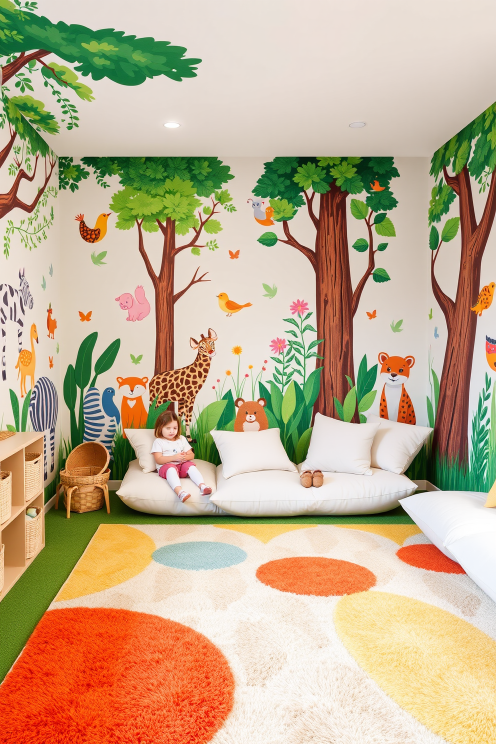 A vibrant playroom filled with nature-inspired wall decals that depict playful animals and lush greenery. The room features a soft, colorful rug and cozy seating areas with oversized cushions for kids to enjoy their creative activities.