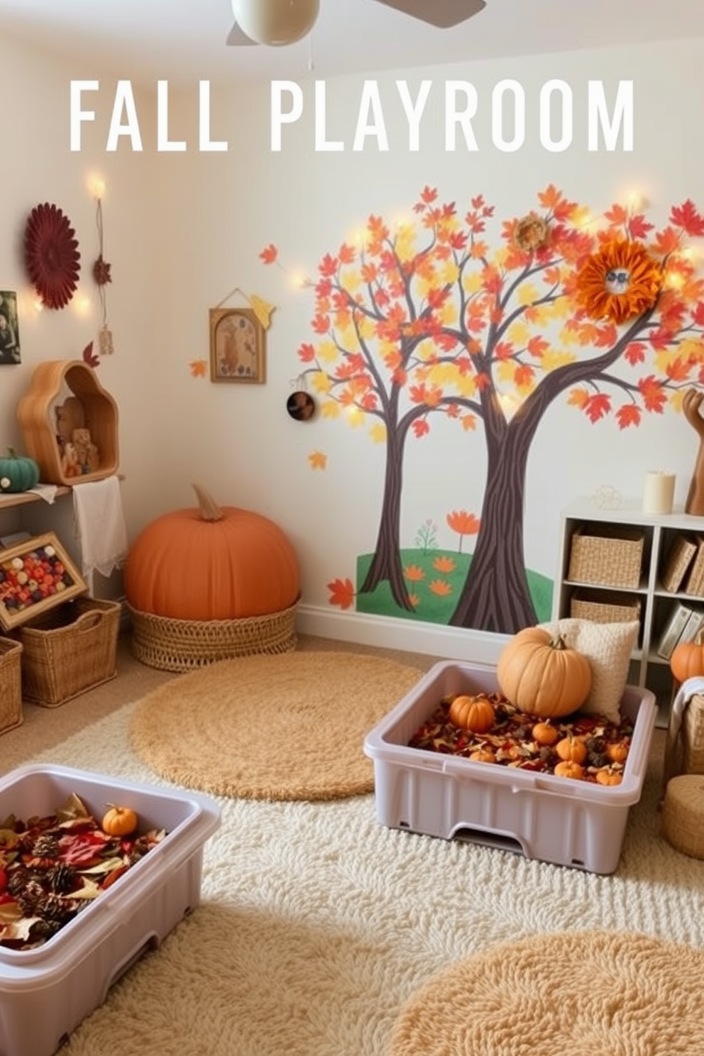 Create a cozy fall playroom filled with sensory bins featuring autumn leaves, pinecones, and small pumpkins for tactile exploration. The walls are adorned with warm-toned decorations, and soft, plush rugs provide a comfortable space for children to play. Incorporate a whimsical tree mural that showcases vibrant fall colors, inviting children to engage their imagination. Add decorative elements like string lights and handmade crafts to create a warm and inviting atmosphere for playtime.