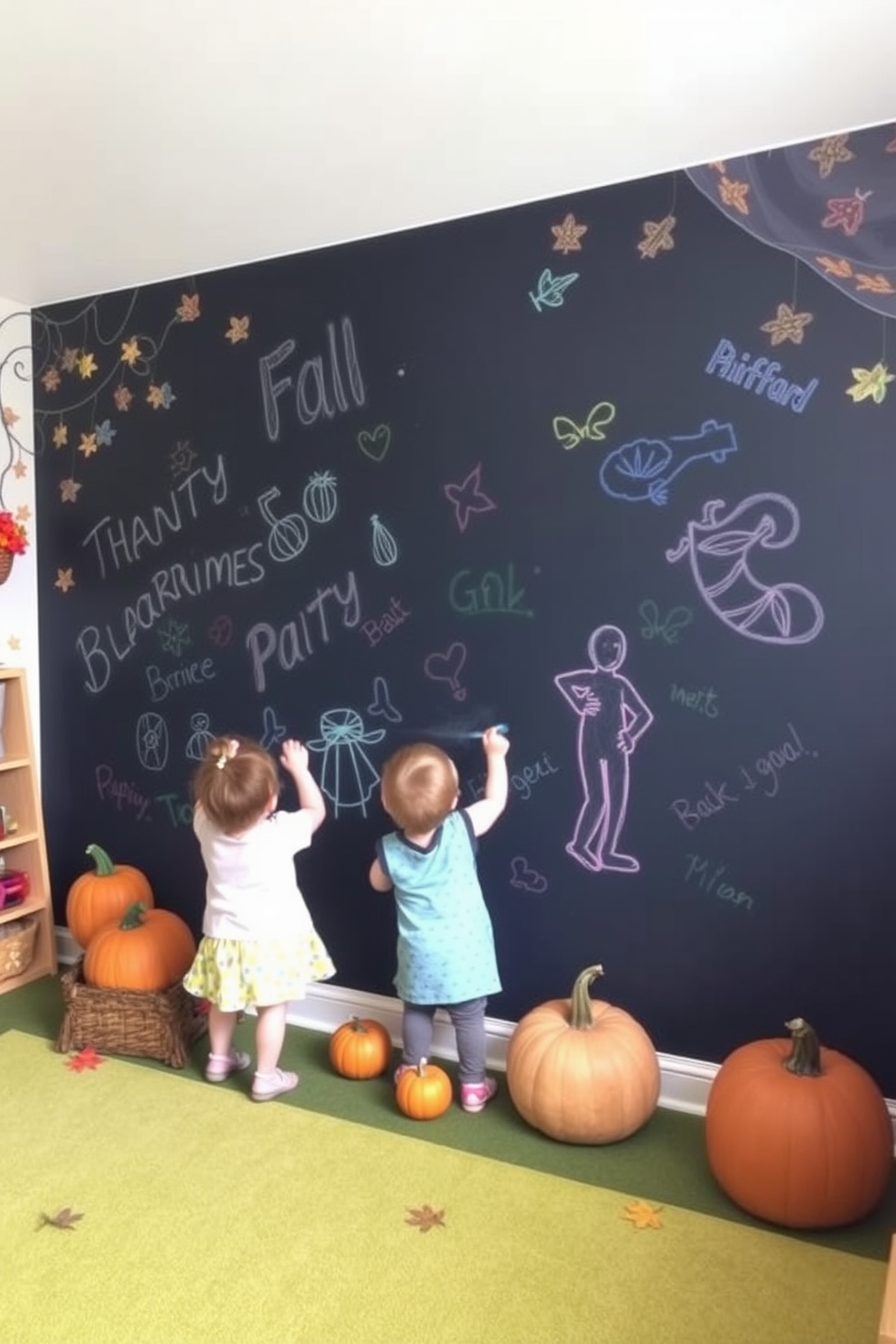 A playful fall-themed playroom features a large chalkboard wall where children can freely express their creativity with colorful chalk drawings. The room is adorned with autumn decorations, including pumpkins and leaves, creating a warm and inviting atmosphere for play and imagination.