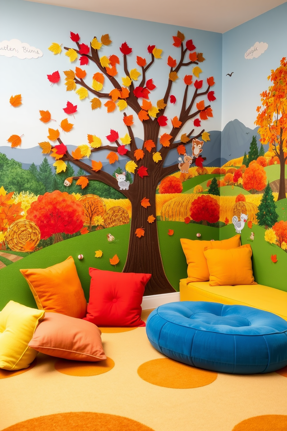 A vibrant playroom designed for autumn activities. The walls are adorned with interactive elements like a felt tree where children can attach fabric leaves and playful woodland creatures. Cozy seating areas feature plush cushions in warm fall colors like orange, red, and yellow. A large mural of a scenic autumn landscape serves as a backdrop, inviting creativity and exploration.