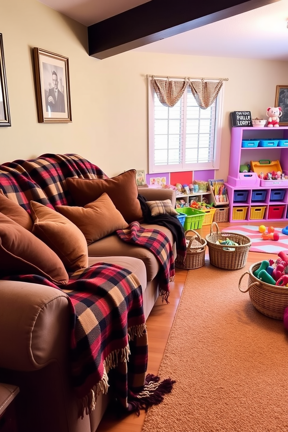 A cozy seating area adorned with warm plaid blankets invites relaxation and comfort. The blankets are draped over a plush sofa, complemented by soft throw pillows in earthy tones. The playroom is designed with vibrant colors and playful patterns to stimulate creativity. A variety of toys are neatly organized in baskets, while a large rug provides a soft space for children to play.