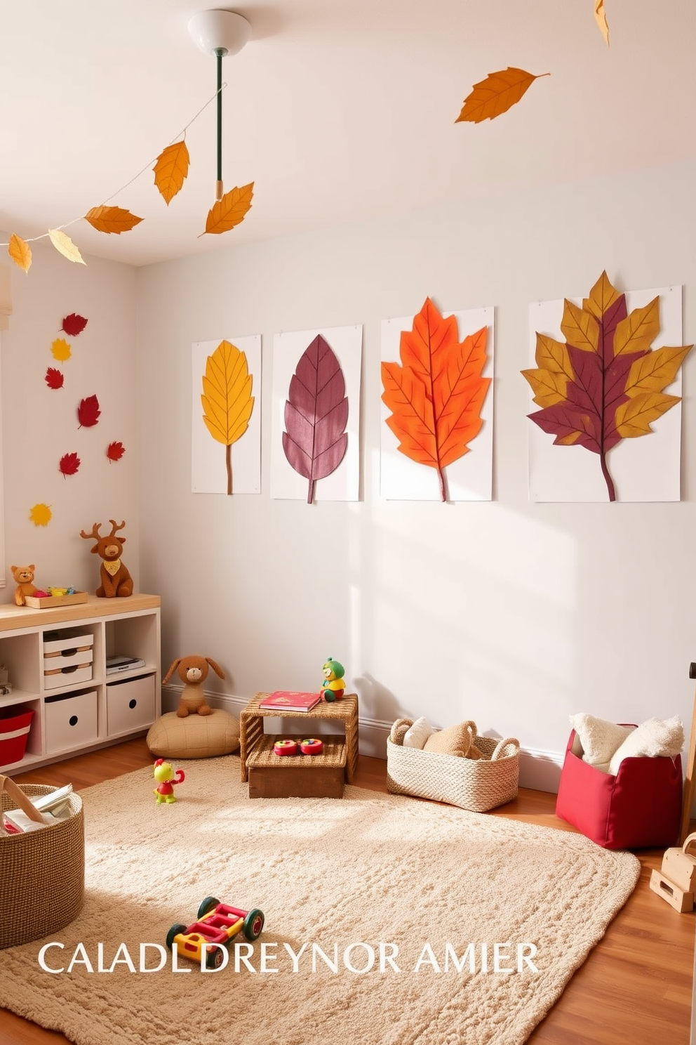 Crafty leaf prints in vibrant autumn colors adorn the walls of a playful playroom. The space is filled with cozy seating, soft rugs, and playful toys that invite creativity and imagination.