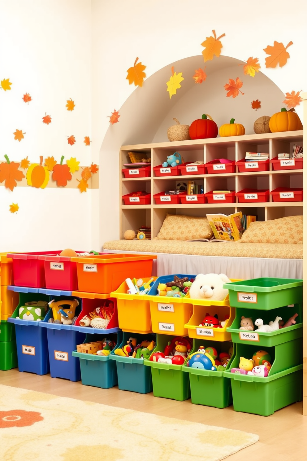 Colorful storage bins are arranged neatly in a bright and cheerful playroom. Each bin is labeled and filled with toys, creating a fun and organized environment for children to play and explore. The walls are adorned with playful autumn-themed decorations, featuring leaves and pumpkins in warm hues. A cozy reading nook with soft cushions invites kids to enjoy storytime amidst the vibrant decor.