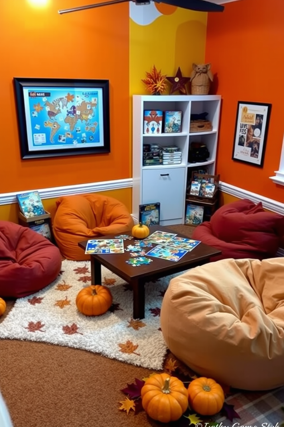 A cozy play area adorned with a fall-themed tablecloth featuring vibrant autumn leaves in shades of orange, yellow, and red. The table is surrounded by plush cushions in earthy tones, creating a warm and inviting atmosphere for children to enjoy their activities. Decorative elements include small pumpkins and acorns scattered across the table, enhancing the seasonal charm. Soft lighting from a nearby lamp casts a gentle glow, making the space feel welcoming and perfect for fall-themed playtime.