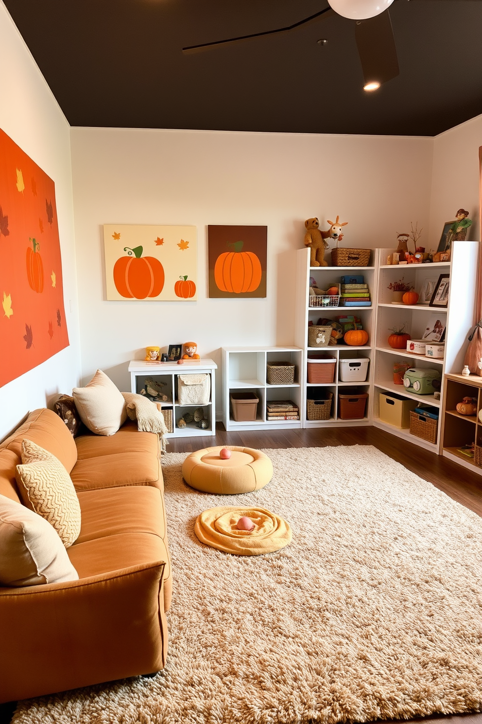 A cozy playroom filled with colorful decorative wreaths made of leaves. The walls are painted in soft pastel shades, and the floor is covered with a plush area rug that adds warmth to the space. Brightly colored bean bags are scattered around the room, providing comfortable seating for children. Natural light pours in through large windows adorned with light, airy curtains, creating an inviting atmosphere for play and creativity.