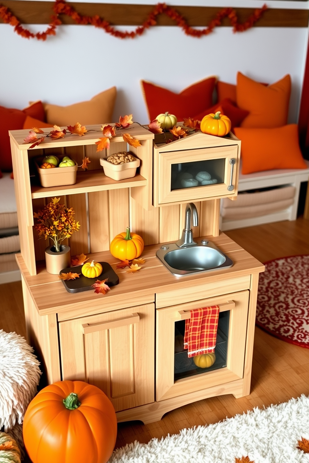 A charming wooden play kitchen is adorned with colorful fall accessories. Miniature pumpkins and autumn leaves are scattered across the countertop, creating a warm seasonal atmosphere. The playroom features cozy decor with rich oranges and deep reds. Plush cushions and a soft rug invite children to enjoy imaginative play in a festive environment.