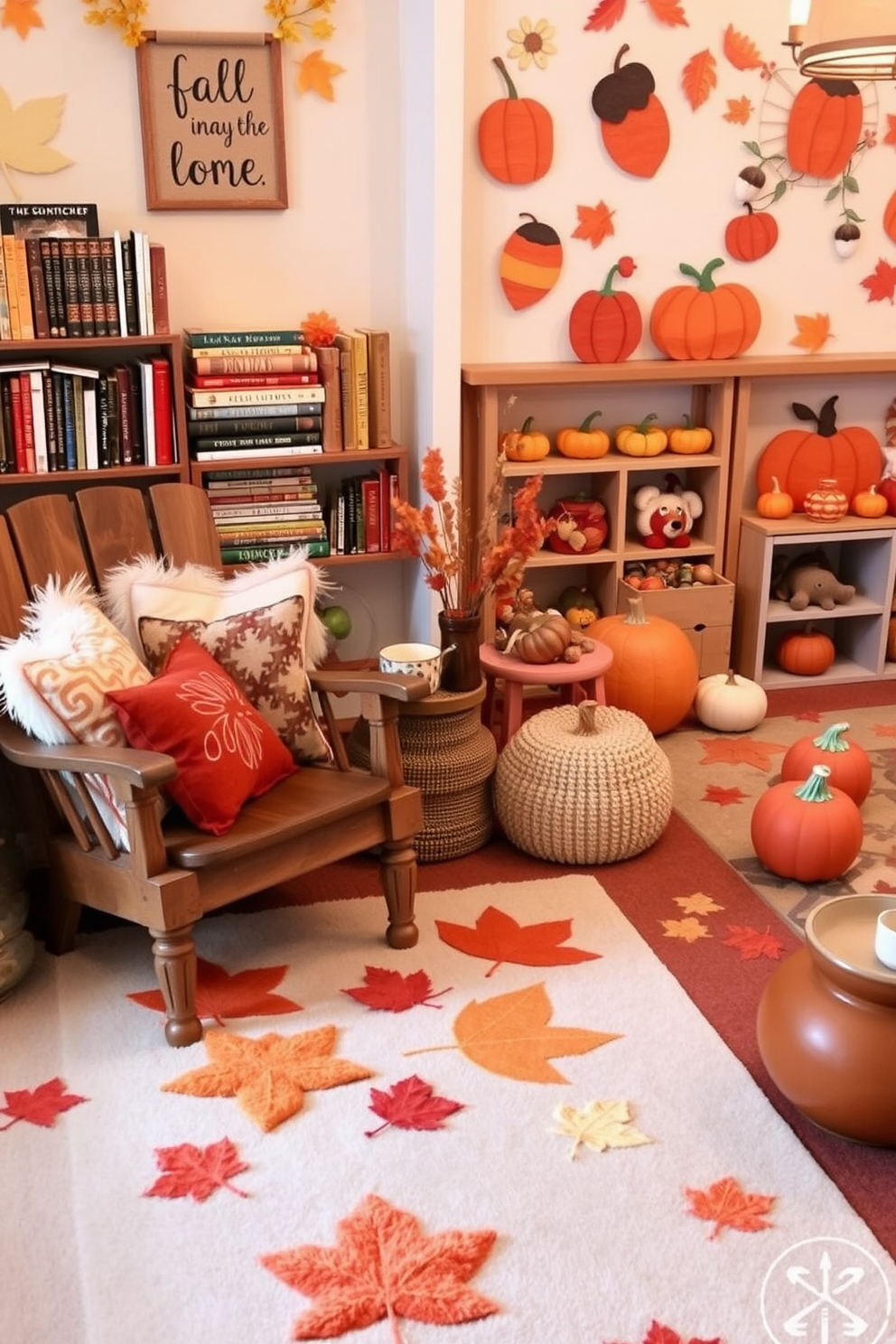 A cozy reading corner adorned with fall-themed books. Plush cushions in warm tones surround a rustic wooden chair, while a small side table holds a steaming cup of cider. A vibrant playroom filled with autumn-inspired decorations. Soft, colorful rugs mimic falling leaves, and playful wall art features pumpkins and acorns to create a festive atmosphere.