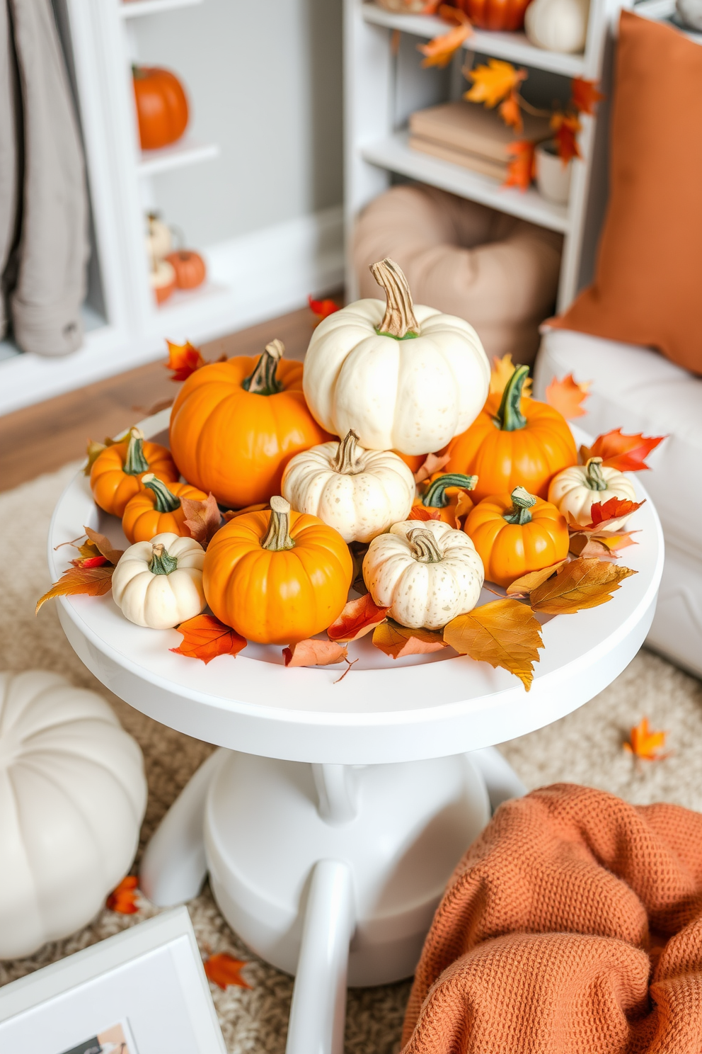 Create a cozy playroom decorated for fall. The tabletop features an arrangement of miniature pumpkins in various sizes and colors, complemented by warm-toned leaves and soft fabric accents.