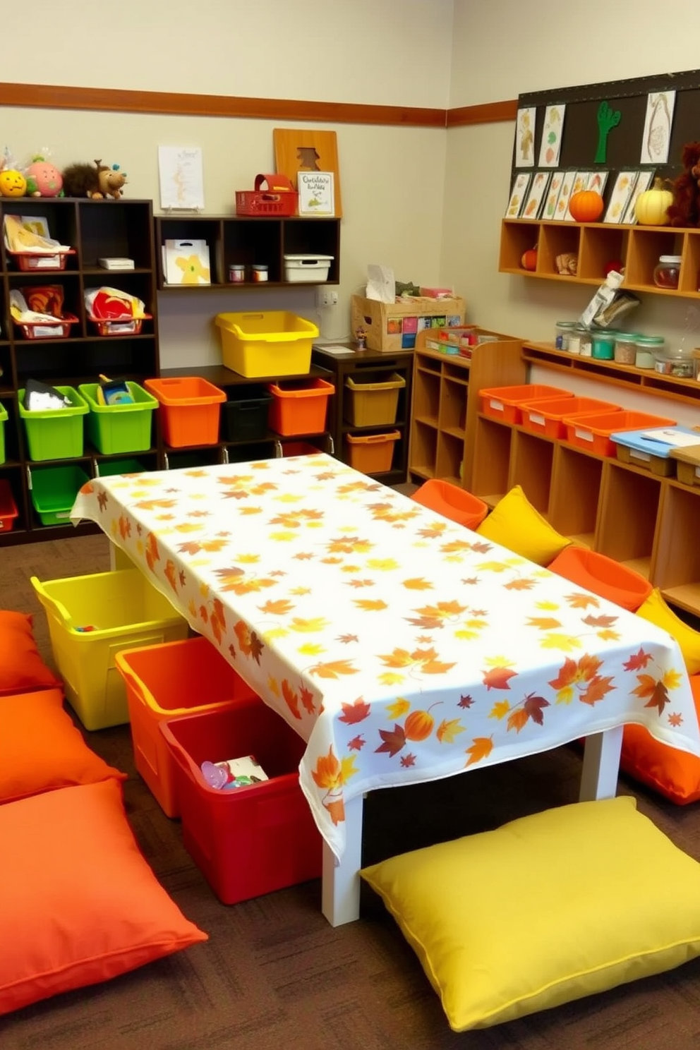 A seasonal tablecloth adorned with autumn leaves and pumpkins drapes over a sturdy craft table. Surrounding the table, colorful storage bins filled with craft supplies add a playful touch to the warm atmosphere. In the fall-themed playroom, soft cushions in shades of orange and yellow invite children to sit and create. Wall-mounted shelves display seasonal artwork and crafts, enhancing the cozy, inviting feel of the space.