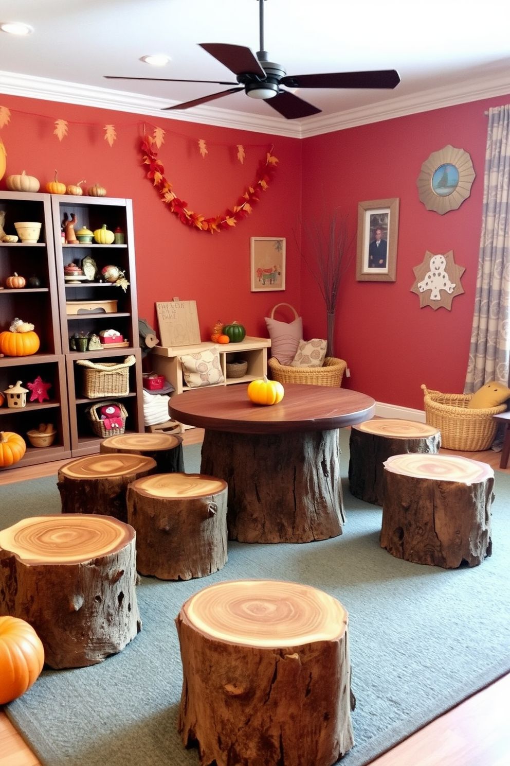 A cozy playroom featuring tree stump stools arranged around a low wooden table. The walls are painted in warm autumn colors, and playful decorations like leaf garlands and pumpkins are scattered throughout the space.