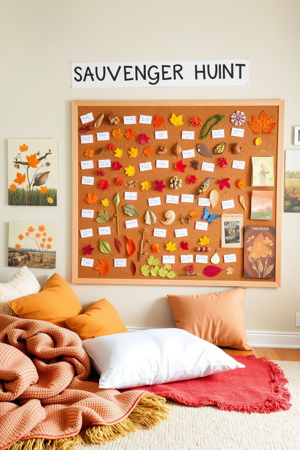 A nature scavenger hunt wall display features a large corkboard filled with colorful images of leaves, flowers, and animals found in the local area. Each item is pinned with a small label indicating its name, creating an interactive and educational experience for children. The fall playroom decorating ideas include warm hues of orange, red, and yellow throughout the space. Cozy throw blankets and plush cushions are scattered on the floor, complemented by seasonal artwork depicting autumn scenes.