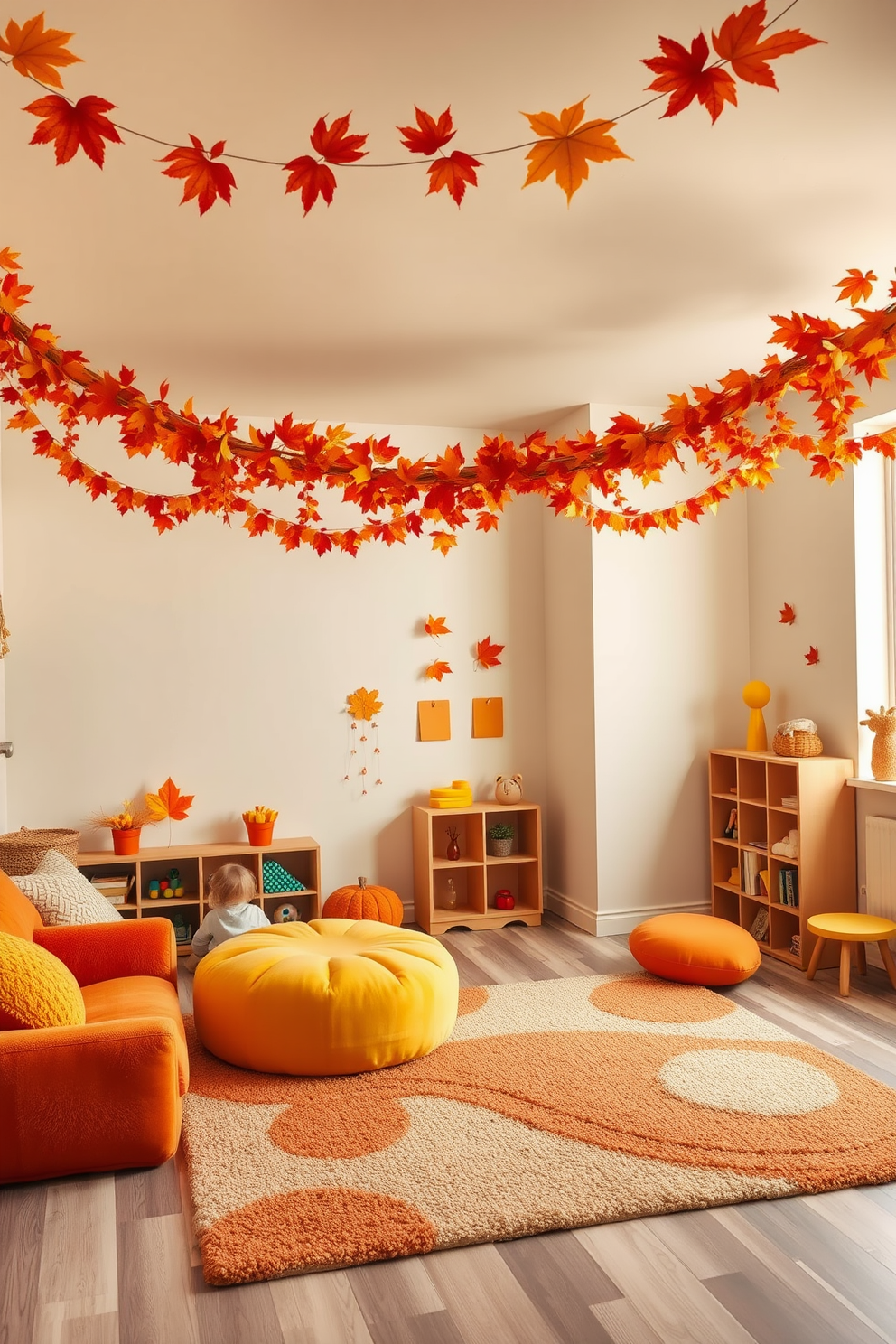 A cozy playroom filled with vibrant autumn colors. The ceiling is adorned with beautiful autumn leaf garlands, creating a warm and inviting atmosphere. Soft, plush seating in shades of orange and yellow invites children to play and relax. A playful area rug in earthy tones anchors the space, complementing the seasonal decor.