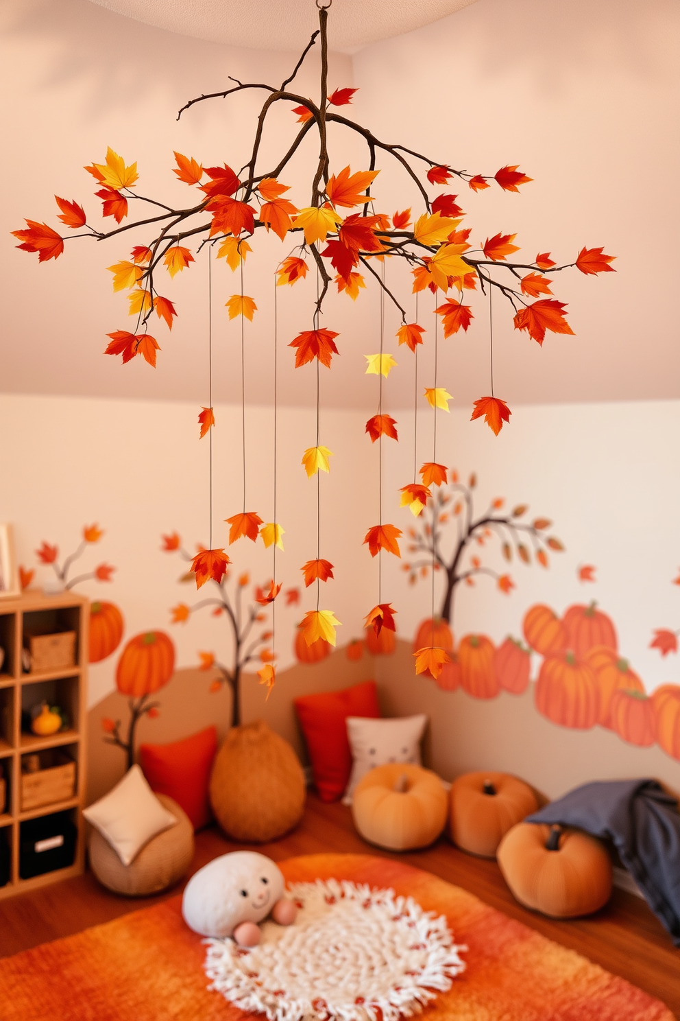 A whimsical fall-inspired mobile hangs gracefully from the ceiling, crafted from branches adorned with vibrant leaves in shades of orange, yellow, and red. Below, a cozy playroom features plush rugs and cushions in warm autumn hues, inviting children to explore and play. The walls are decorated with playful murals of pumpkins and acorns, creating an inviting atmosphere for creativity. Soft lighting enhances the warm tones, making the space feel both cheerful and comforting for family gatherings.