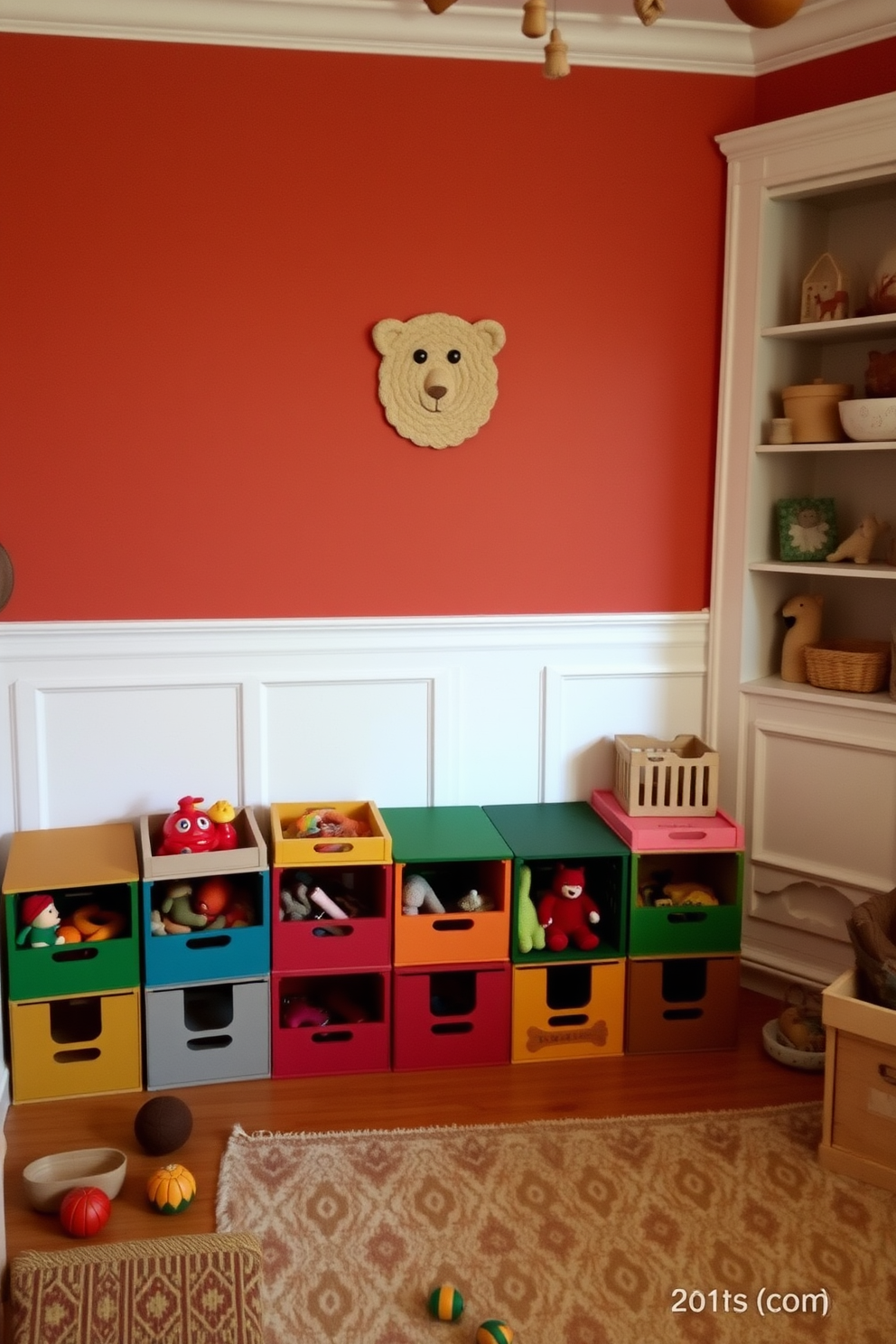 A cozy playroom filled with colorful wooden crates neatly arranged for toy storage. The walls are painted in warm autumn hues, and soft rugs cover the floor, creating an inviting space for children to play.