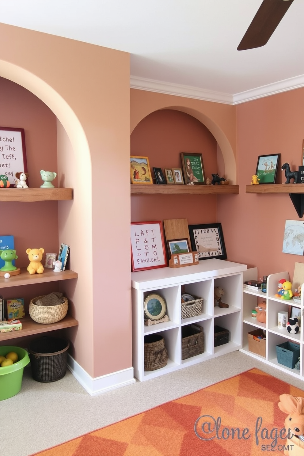 A cozy playroom featuring rustic wooden shelves lined with colorful display items. The walls are painted in warm earth tones, and a soft area rug in autumn hues covers the floor.