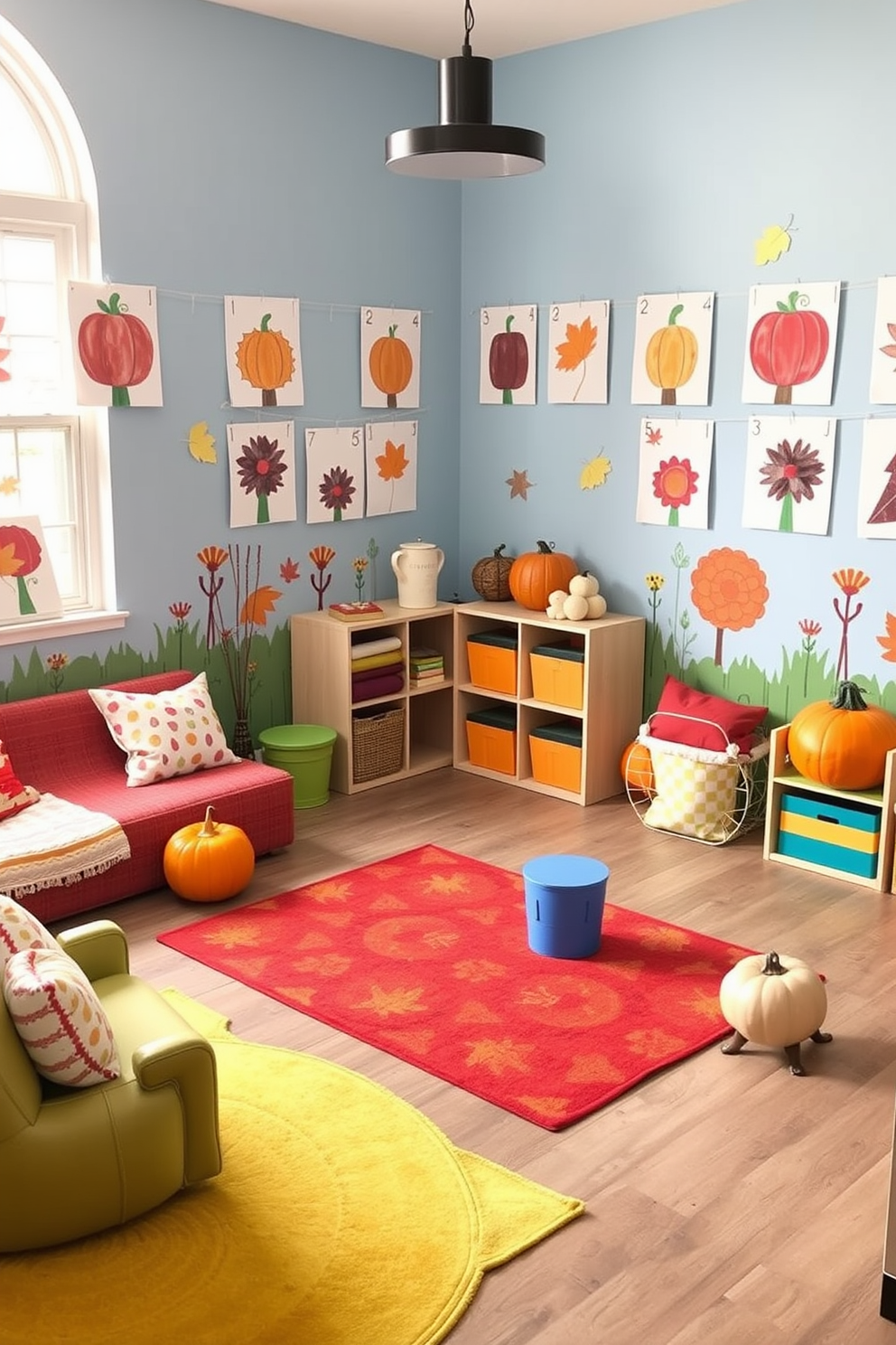 A cozy playroom filled with decorative pumpkins in various sizes scattered throughout the space. The pumpkins are arranged on shelves and tables, adding a festive touch to the colorful and playful decor. Brightly colored cushions and rugs create a warm atmosphere, inviting children to play and explore. The walls are adorned with autumn-themed artwork, enhancing the seasonal charm of the playroom.