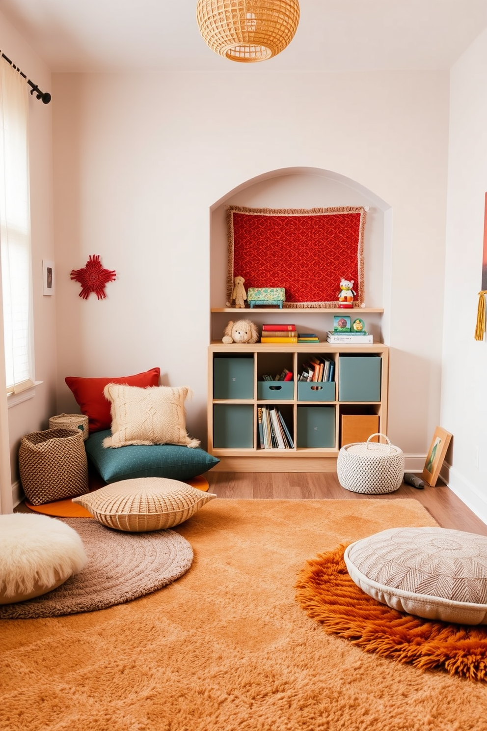 A cozy playroom filled with soft rugs in warm earth tones creates an inviting atmosphere for children. The space features playful accents like colorful cushions and a low bookshelf filled with toys and books.