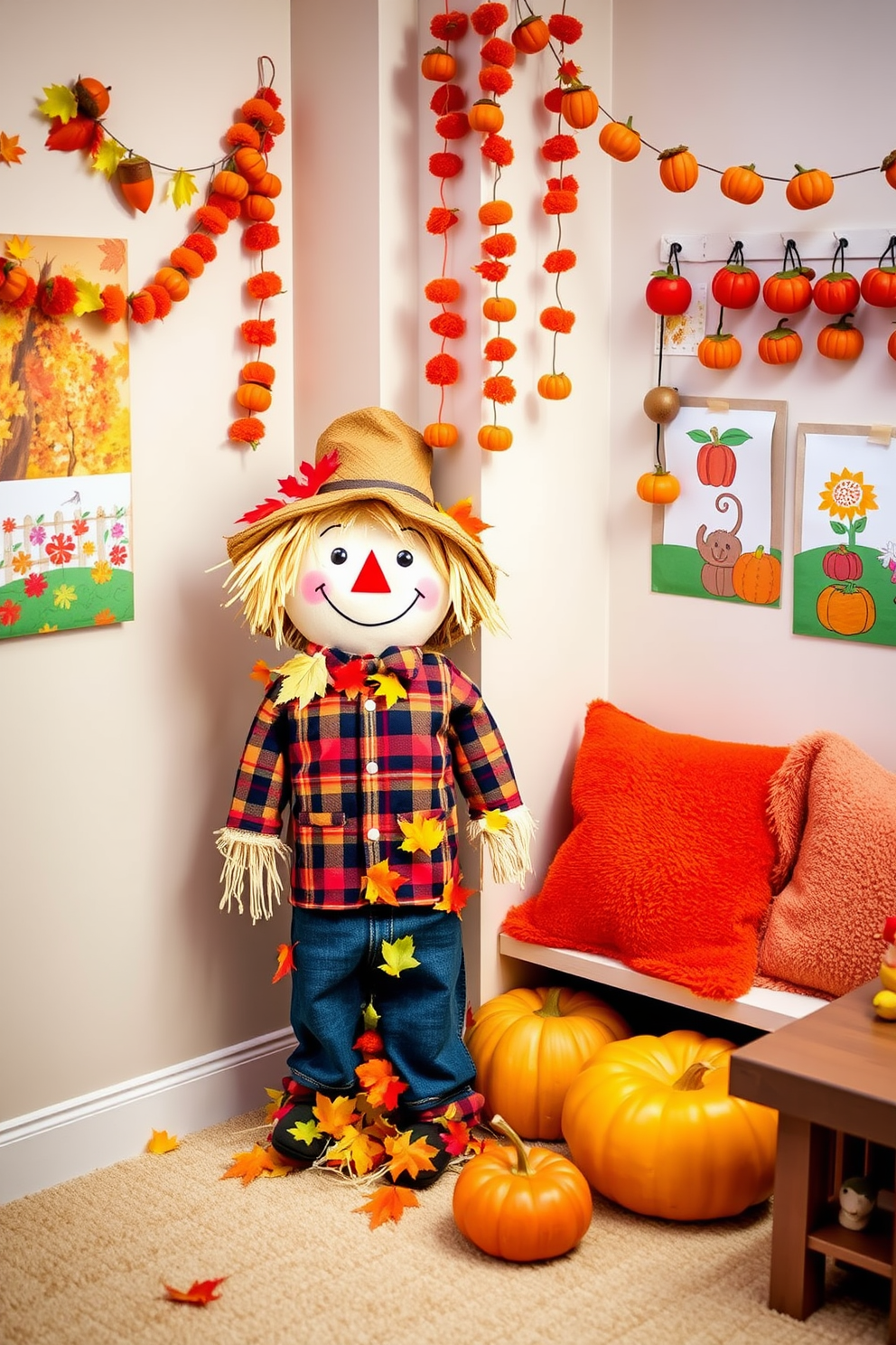 A charming DIY scarecrow figure stands in the corner of a vibrant fall-themed playroom. The scarecrow is adorned with a plaid shirt, a straw hat, and a cheerful smile, surrounded by colorful autumn leaves and pumpkins. The playroom features cozy seating with plush cushions in warm hues of orange and yellow. Wall decorations include playful artwork of fall scenes and hanging garlands made of mini pumpkins and acorns.