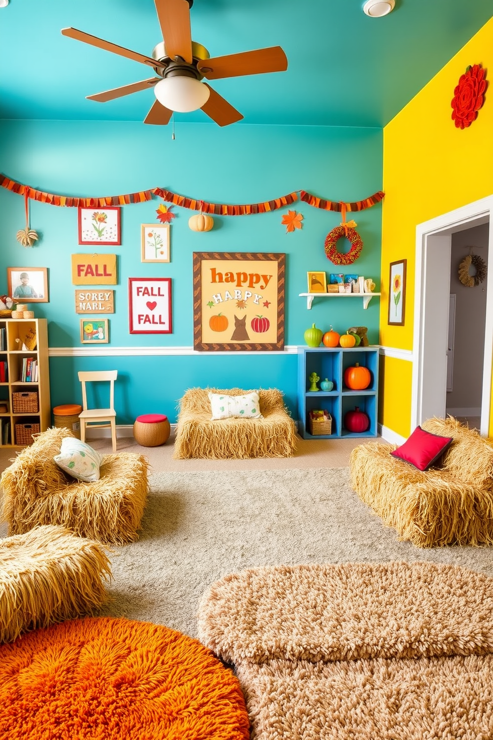 A cozy playroom filled with warm lighting from string fairy lights draped across the ceiling. The walls are adorned with playful murals of autumn leaves and pumpkins, creating a festive atmosphere for children to enjoy. Soft, plush rugs in shades of orange and yellow cover the floor, inviting kids to sit and play. Colorful storage bins filled with toys are neatly arranged, adding both functionality and charm to the space.