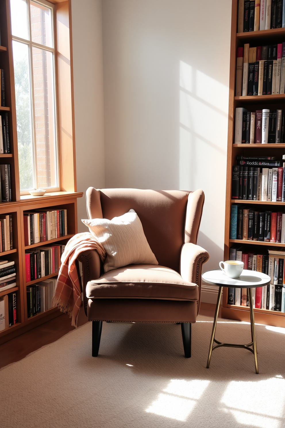 Cozy armchair positioned in a sunlit corner with a warm throw blanket draped over the side. Surrounding the chair are tall bookshelves filled with an array of novels and a small side table holding a steaming cup of tea.