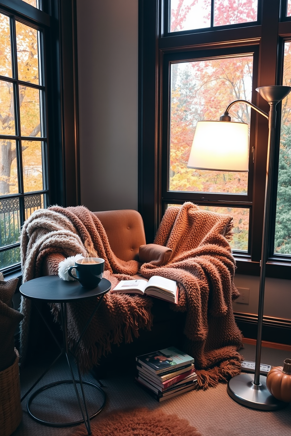 A cozy reading nook designed for fall features a plush armchair draped with fuzzy blankets in warm earthy tones. A small side table holds a steaming cup of tea and a stack of favorite books, inviting relaxation and comfort. The nook is framed by large windows showcasing the vibrant autumn foliage outside. Soft lighting from a nearby floor lamp creates an inviting atmosphere, perfect for curling up with a good book.