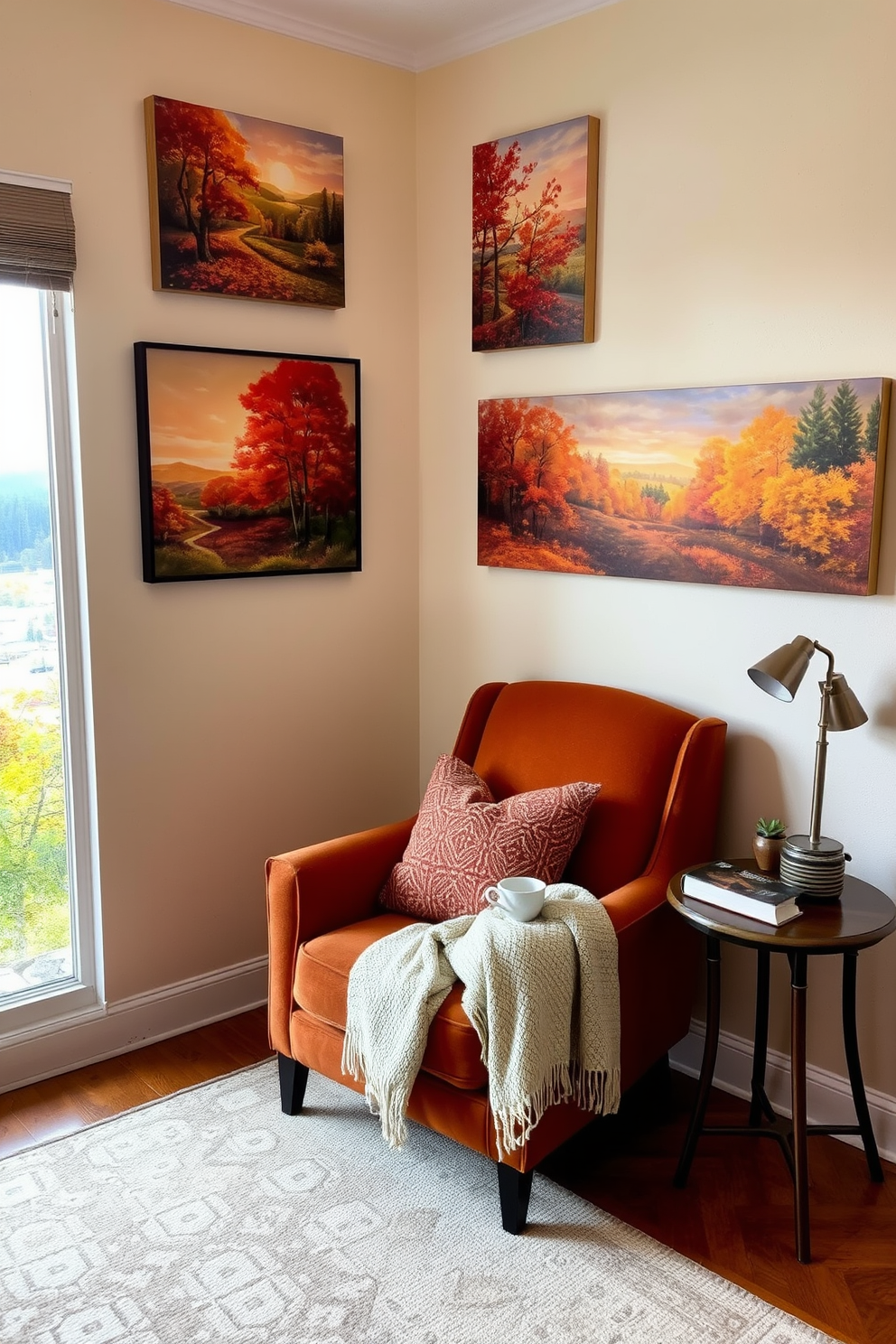 A cozy reading nook adorned with wall art featuring vibrant autumn landscapes. The space includes a plush armchair in warm tones, a small side table with a steaming cup of tea, and a soft throw blanket draped over the chair. The walls are painted in a soft cream color to enhance the warm ambiance. A large window allows natural light to flood in, illuminating the rich colors of the autumn-themed artwork.