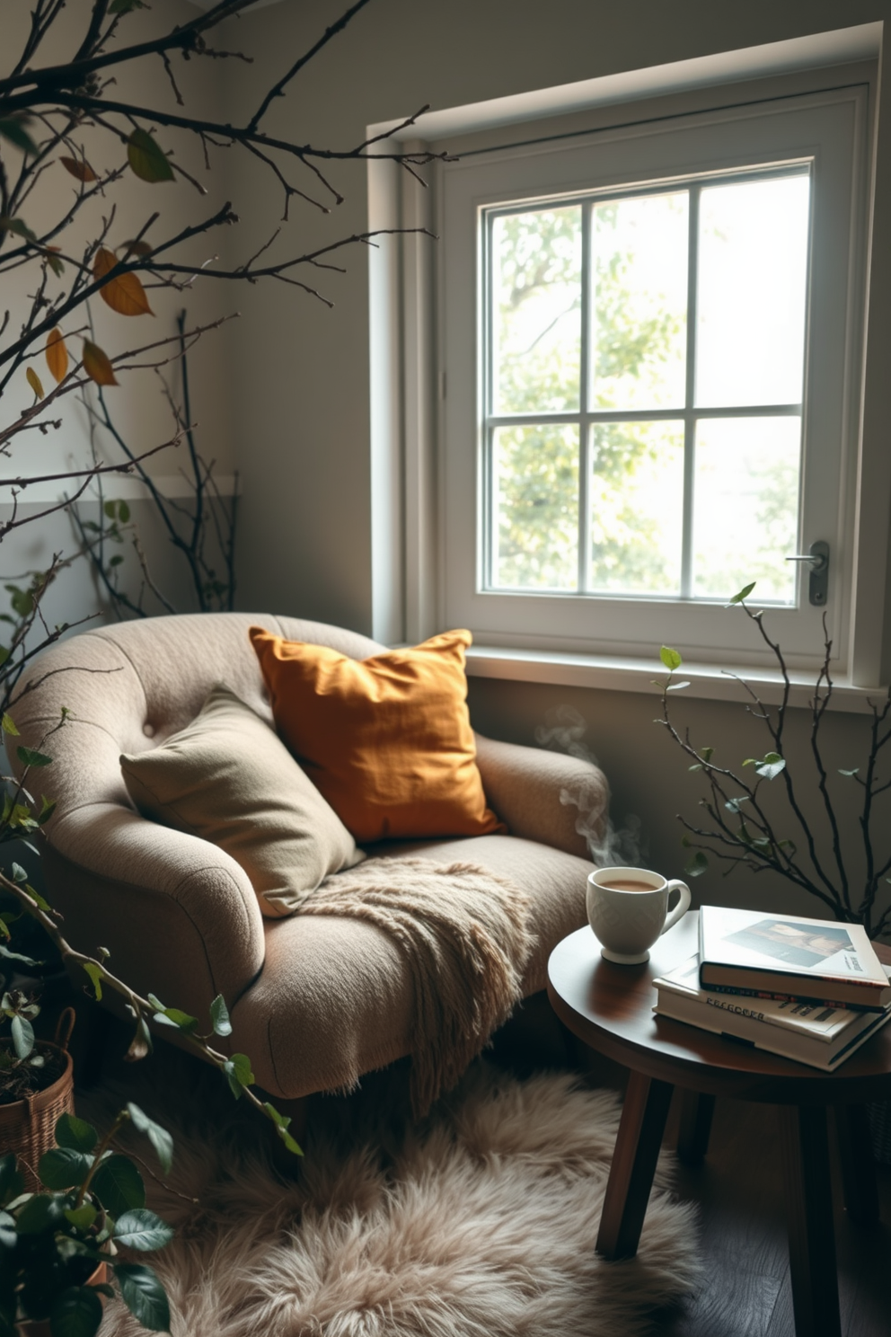 A cozy reading nook surrounded by natural elements. Soft cushions in earthy tones are scattered on a plush armchair, while branches and leaves create a calming atmosphere. A small wooden side table holds a stack of books and a steaming cup of tea. A large window lets in warm sunlight, illuminating the space and highlighting the greenery outside.