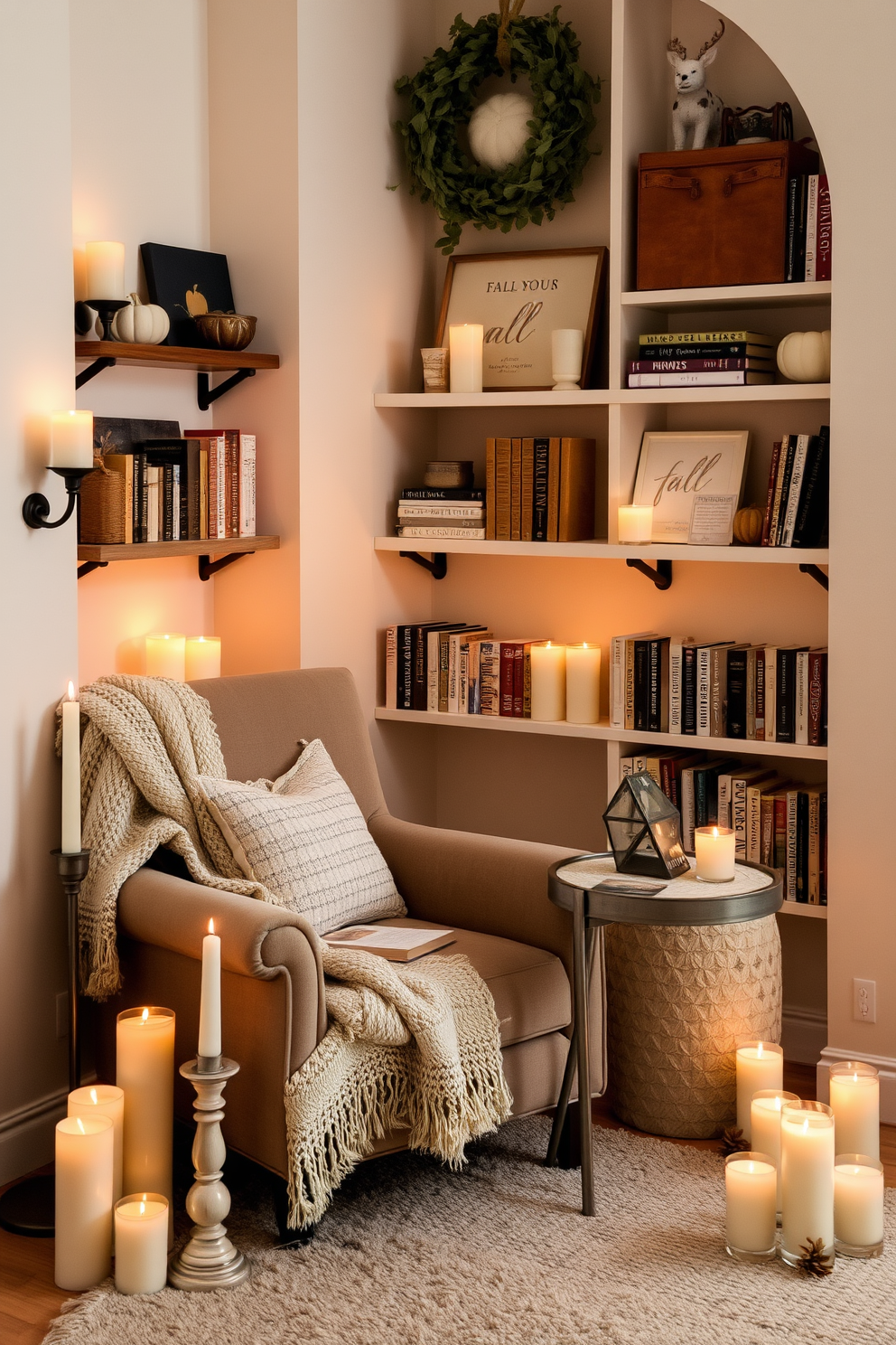 A cozy reading nook adorned with a plush faux fur throw draped over a comfortable armchair. Soft natural light filters through a nearby window, illuminating a small side table stacked with books and a steaming cup of tea.