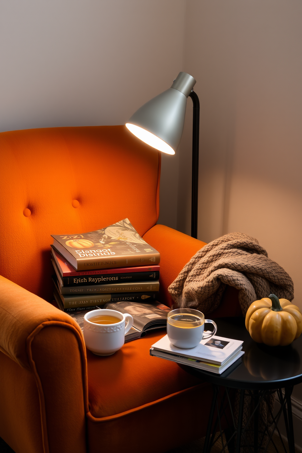 A cozy reading nook featuring a plush armchair in a warm, autumnal hue. A sleek reading lamp with adjustable brightness stands beside the chair, casting a soft glow over a stack of seasonal books. The nook is adorned with a textured throw blanket draped over the armrest. A small side table holds a steaming mug of tea and a decorative pumpkin for a touch of fall charm.