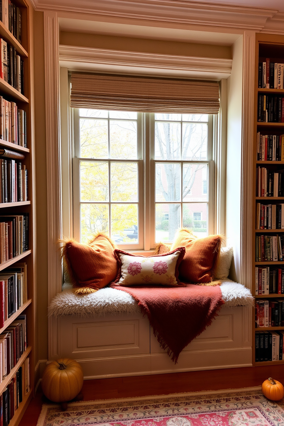 A cozy window seat is adorned with soft, plush cushions in warm autumn colors. Surrounding the seat, bookshelves filled with novels create an inviting atmosphere perfect for a fall reading nook.