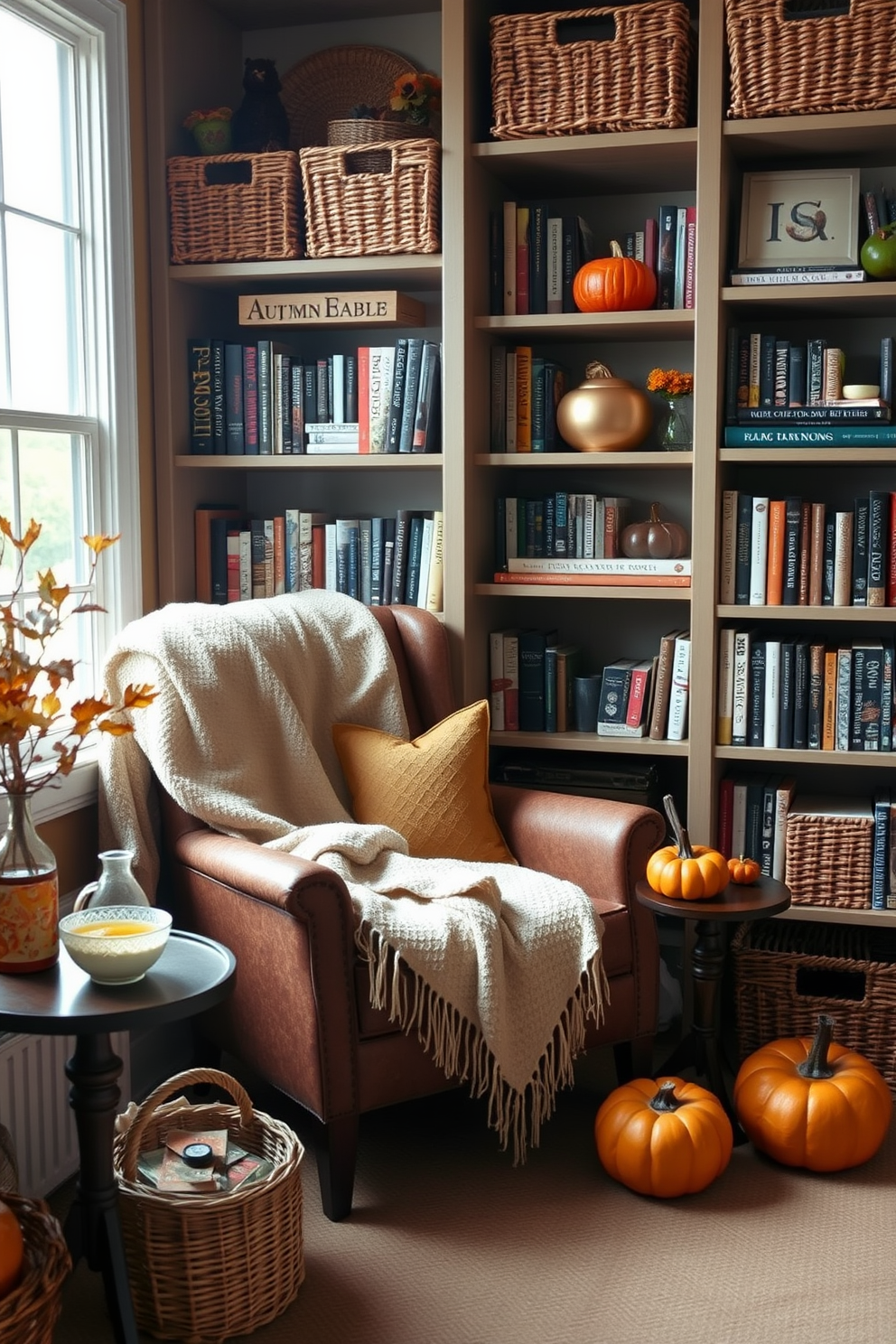 A cozy reading nook featuring a vintage wooden ladder as a book display. The nook is adorned with soft cushions and a warm throw blanket, creating an inviting atmosphere for fall reading.