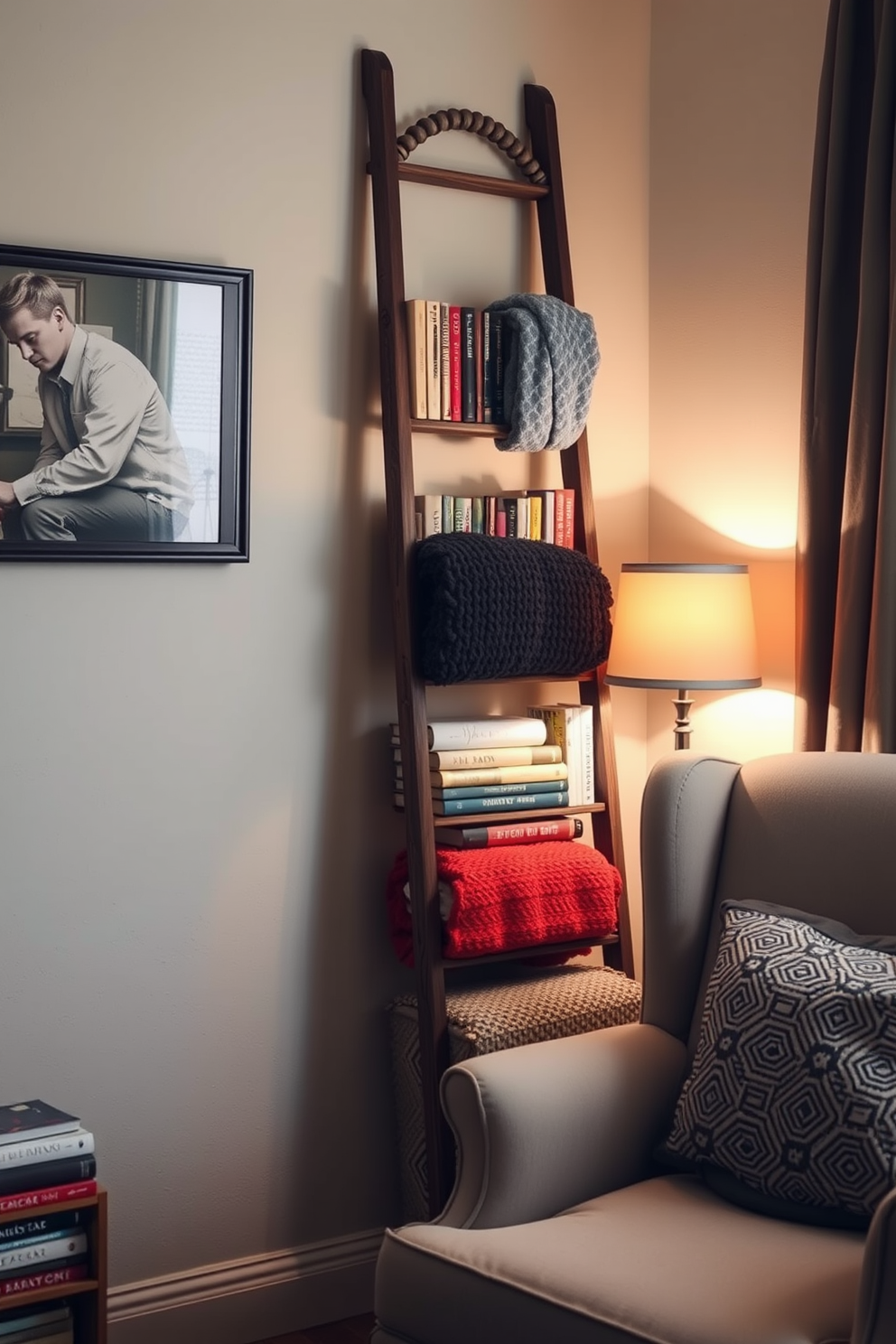 A cozy reading nook features a decorative ladder leaning against a wall, adorned with an assortment of colorful books and cozy blankets. Soft lighting from a nearby lamp creates an inviting atmosphere, while a plush armchair sits in the corner, perfect for curling up with a good book.