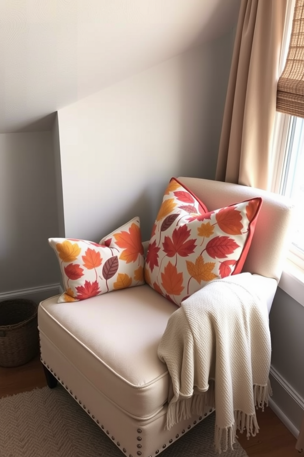 Create a cozy reading corner with a soft canopy draped overhead. The space features a plush armchair in warm autumn tones, accompanied by a small side table holding a steaming cup of tea. Surround the nook with a collection of bookshelves filled with seasonal reads. Add decorative pillows and a knitted throw blanket for extra comfort, while soft lighting creates an inviting ambiance.