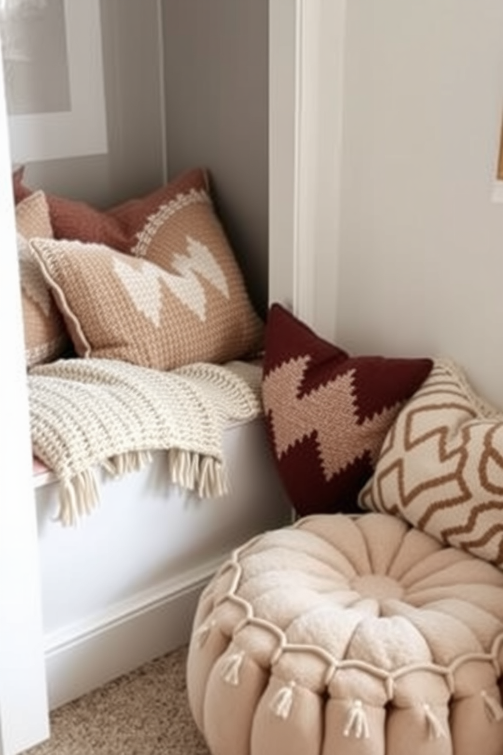 A cozy reading nook featuring a plush pouf for extra seating. The nook is adorned with soft throw pillows and a warm knitted blanket, creating an inviting atmosphere.