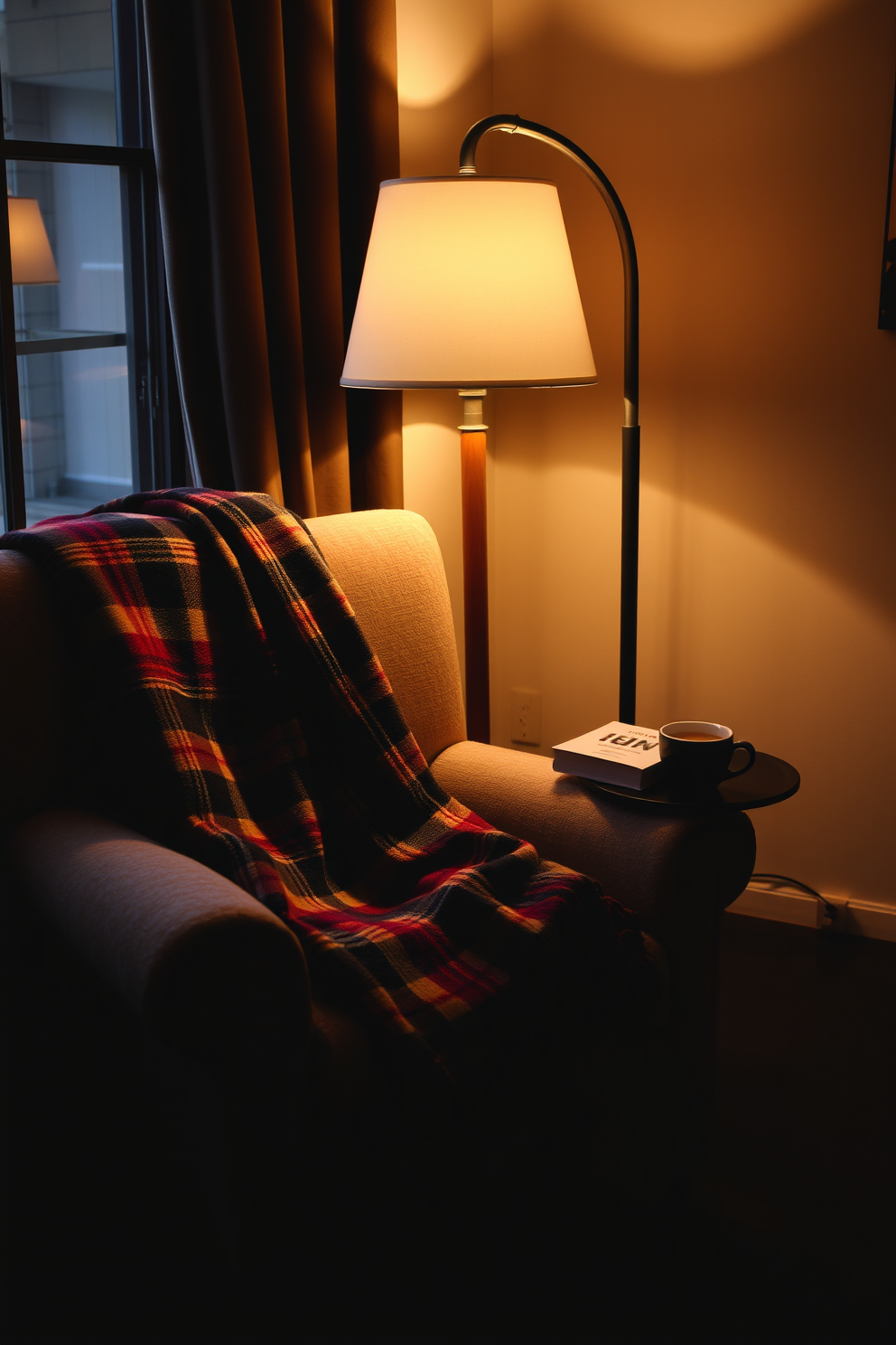 A cozy fall reading nook features a foldable chair draped with a soft plaid blanket. Surrounding the chair are stacks of colorful autumn-themed books and a small side table holding a warm cup of cider. The nook is illuminated by a warm lamp casting a soft glow, creating an inviting atmosphere. A nearby window showcases vibrant fall foliage, enhancing the seasonal charm of the space.