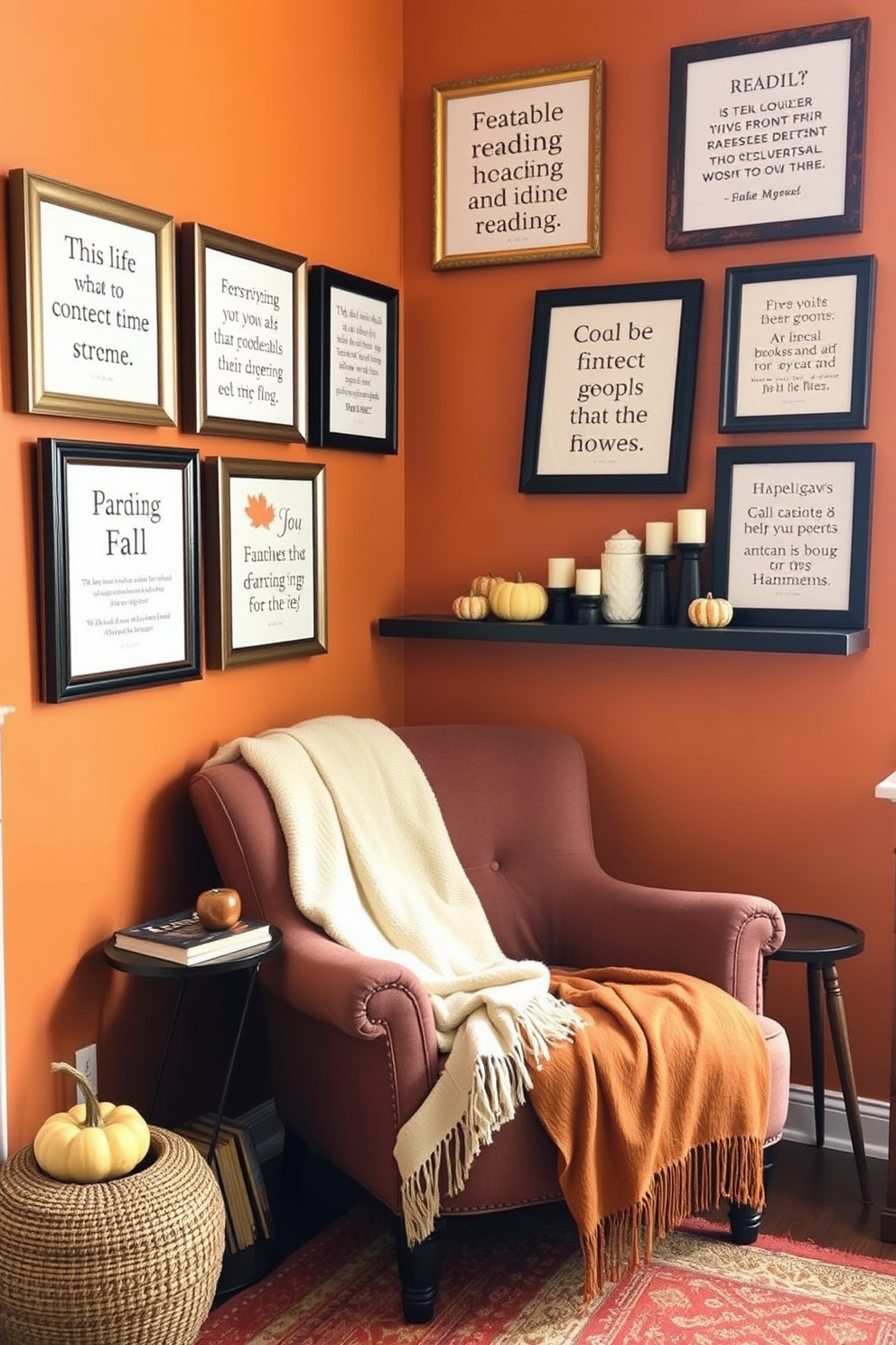 A cozy reading nook adorned with framed quotes about reading and fall. The walls are painted in warm autumn hues, and a plush armchair is positioned next to a small side table stacked with books. A soft throw blanket drapes over the armchair, inviting relaxation. A decorative shelf displays seasonal decor, including pumpkins and candles, creating a welcoming atmosphere for fall reading.