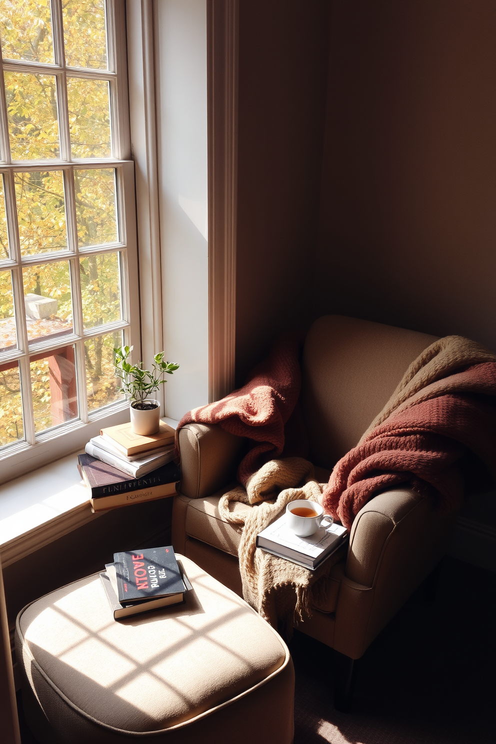 A cozy reading nook with a plush armchair positioned near a beautifully designed fireplace. The nook is adorned with warm, earthy tones and soft textures, creating an inviting atmosphere for enjoying fall reads. A wooden bookshelf filled with an array of books lines the wall opposite the fireplace. A small side table holds a steaming cup of tea and a decorative throw blanket drapes over the armchair, enhancing the comfort of the space.