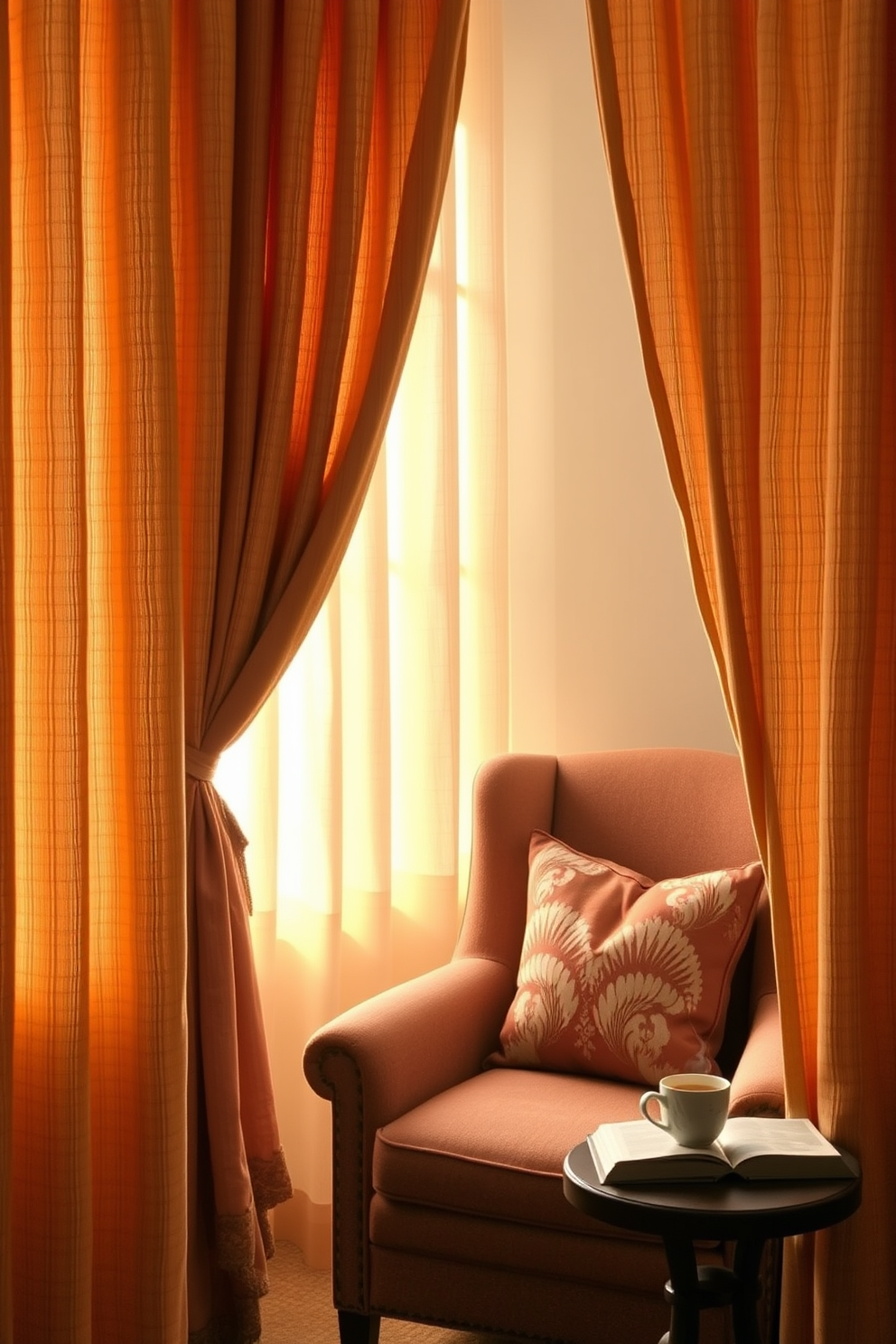 Textured curtains in warm hues frame a cozy reading nook bathed in soft, natural light. A plush armchair is nestled in the corner, accompanied by a small side table holding a stack of books and a steaming cup of tea.